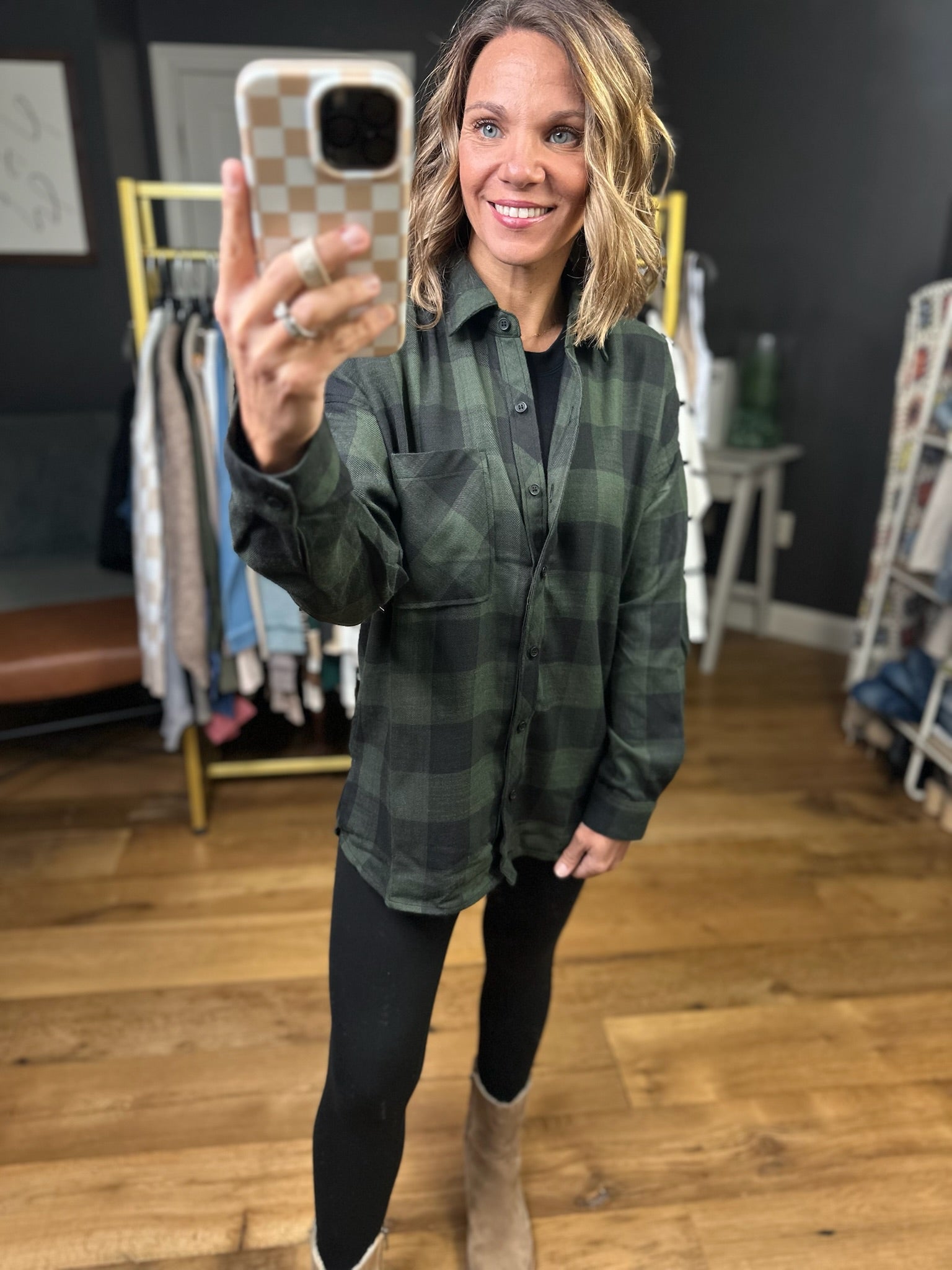 **Find My Way Plaid Button-Down Top - Hunter-Be Cool-Anna Kaytes Boutique, Women's Fashion Boutique in Grinnell, Iowa