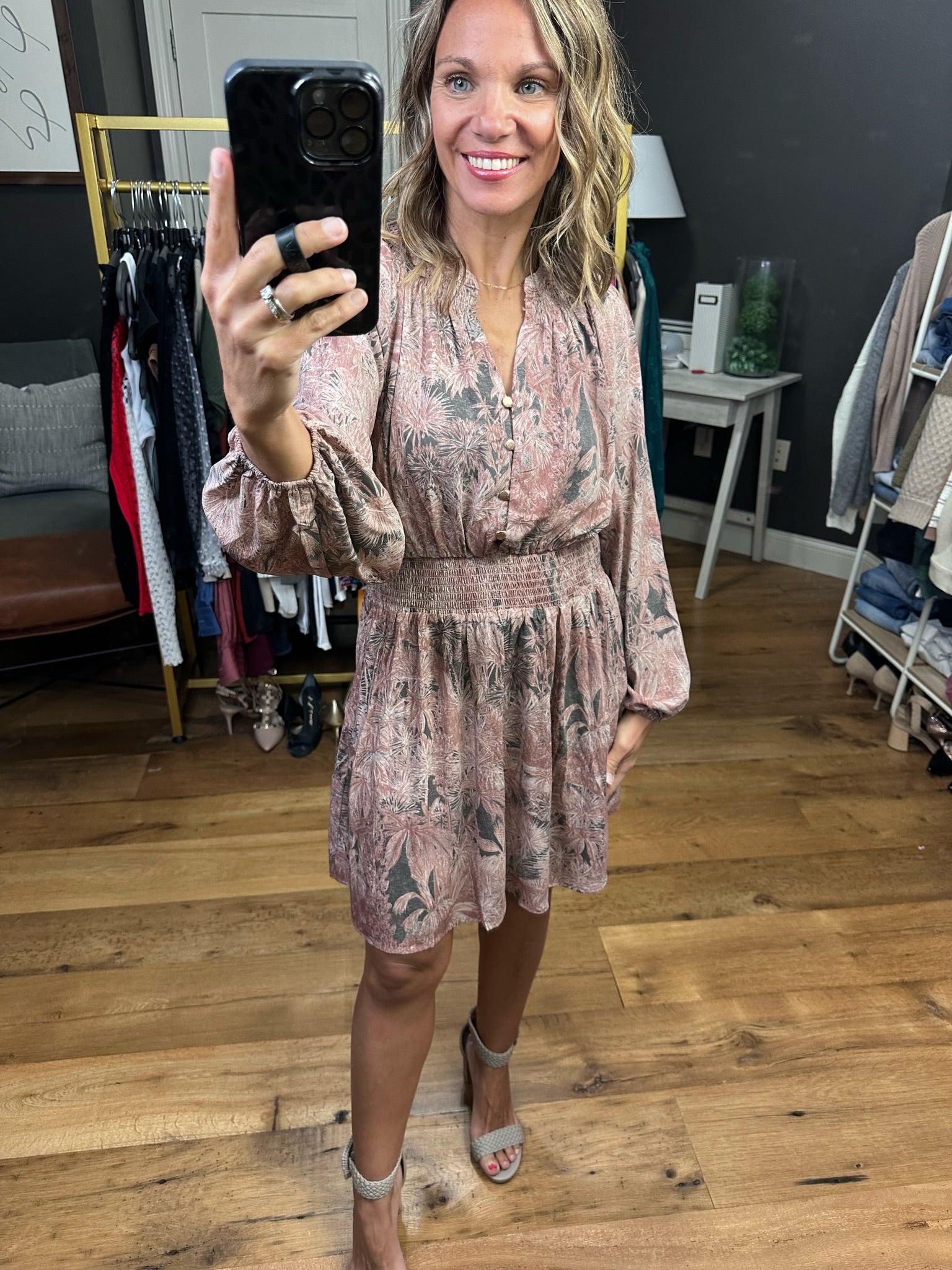 Better Than Real Floral Smock Detail Dress - Mauve/Grey-Dresses-Entro D21673-Anna Kaytes Boutique, Women's Fashion Boutique in Grinnell, Iowa