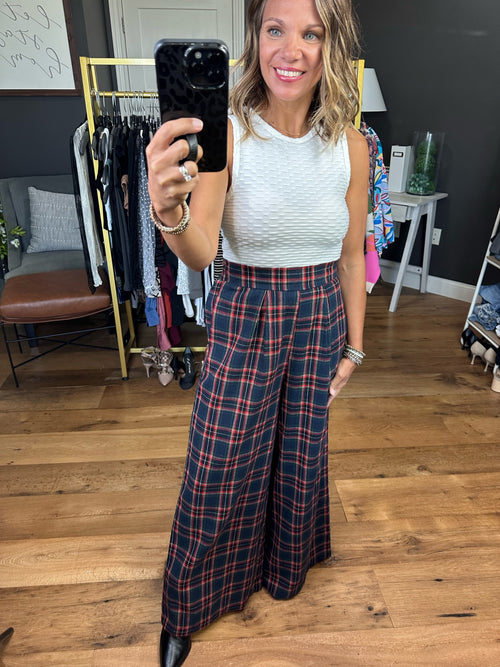 Go With The Flow Plaid Wide-Leg Pant - Navy-Jodifl H10227-Anna Kaytes Boutique, Women's Fashion Boutique in Grinnell, Iowa