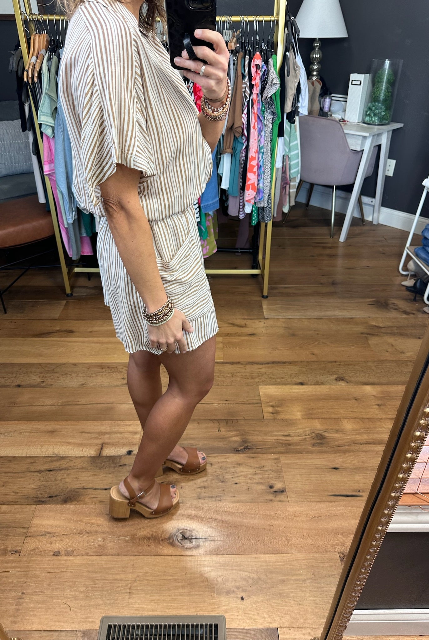 Certain Moment In Time Striped Button-Detail Romper - Taupe-Rompers-Wishlist-Anna Kaytes Boutique, Women's Fashion Boutique in Grinnell, Iowa