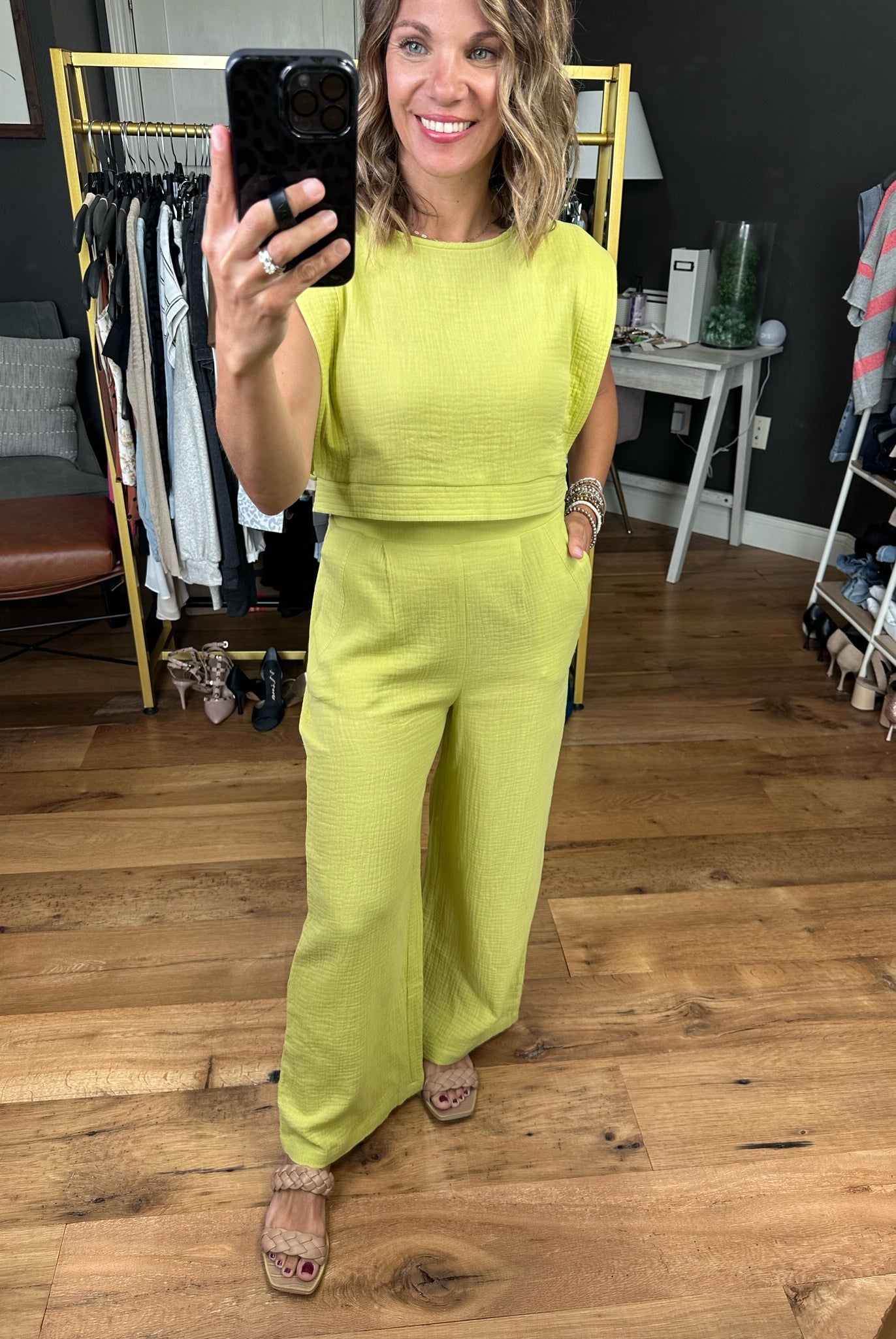 Rebuild Together Wide-Leg Pant With Crop Top - Lime-Two piece set-Very J VE60048top VE60048BOT-Anna Kaytes Boutique, Women's Fashion Boutique in Grinnell, Iowa