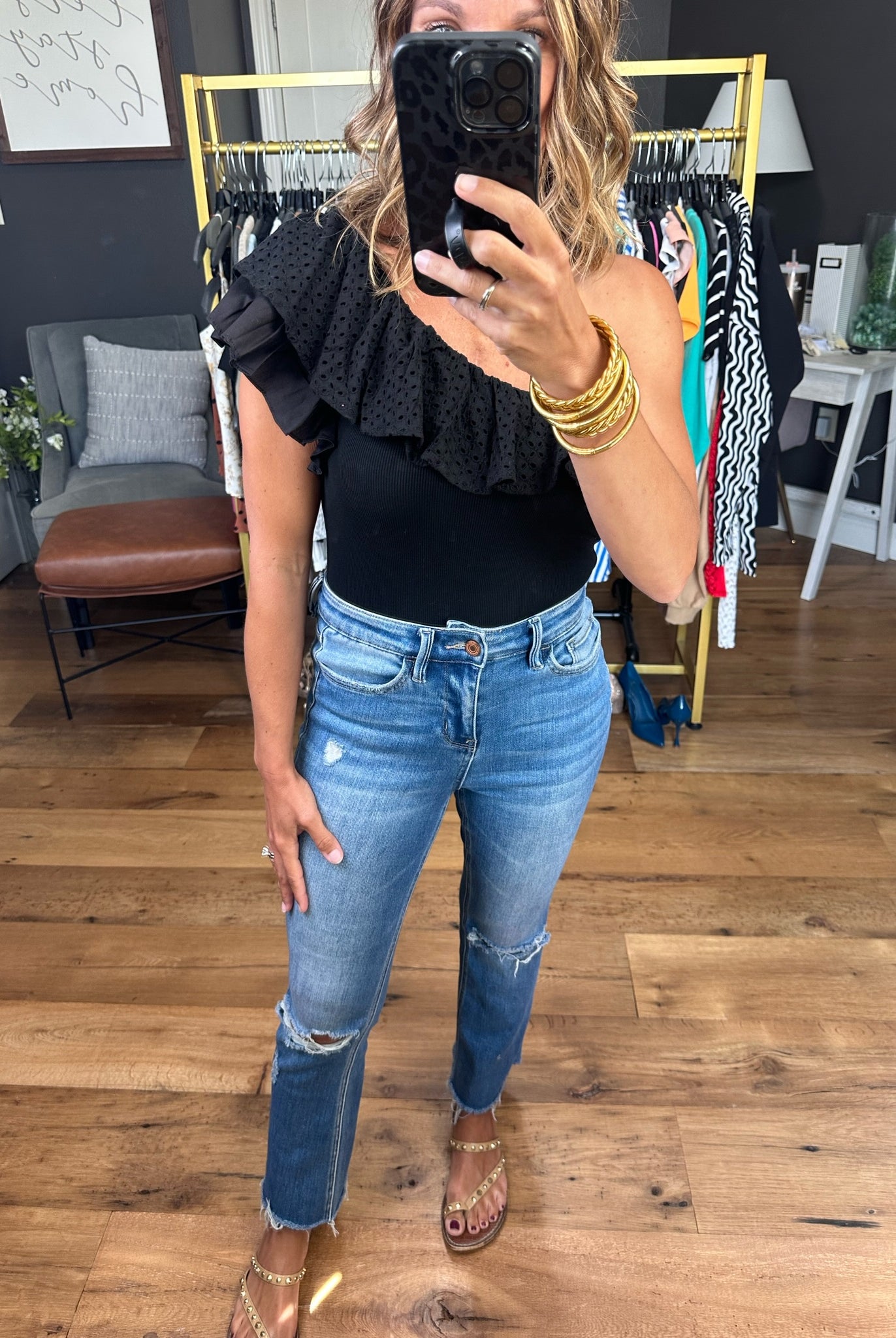 City Lights One Shoulder Ruffled Bodysuit - Black-Bodysuits-EESOME TK7630-Anna Kaytes Boutique, Women's Fashion Boutique in Grinnell, Iowa