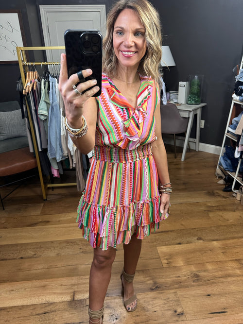 Vibrant Times Striped Dress With Flutter Hem - Coral Combo-Entro D22551-Anna Kaytes Boutique, Women's Fashion Boutique in Grinnell, Iowa