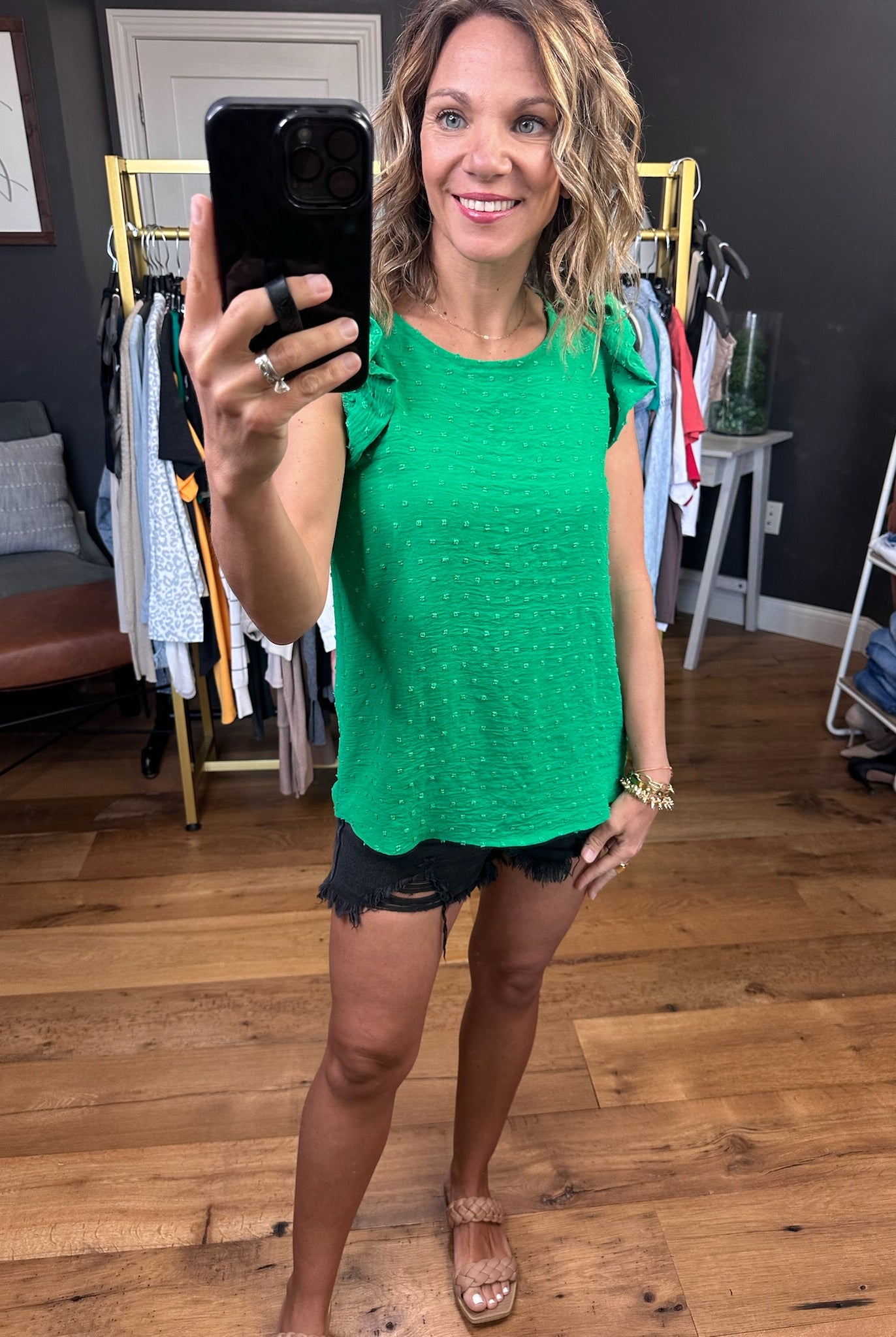What Happiness Means Swiss Dot Top With Flutter Sleeve - Kelly Green-Short Sleeves-Les Amis T1482-N-Anna Kaytes Boutique, Women's Fashion Boutique in Grinnell, Iowa