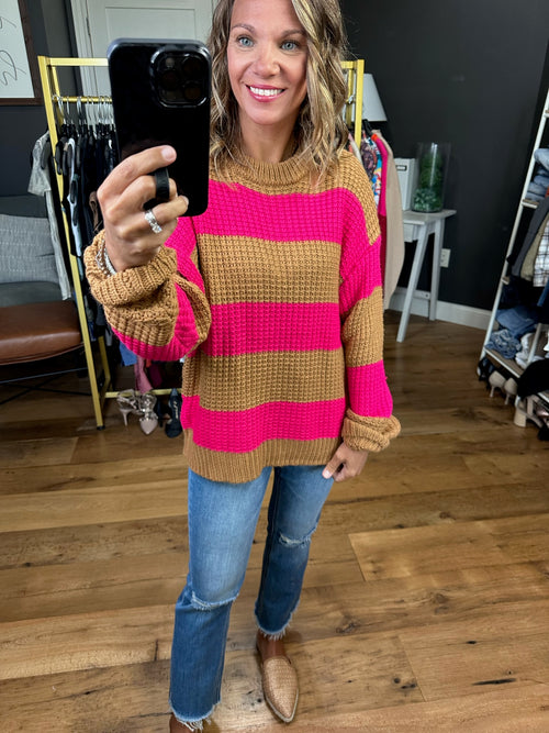 Put Into Words Knit Striped Crew Sweater - Camel/Fuchsia-By Together W1033-Anna Kaytes Boutique, Women's Fashion Boutique in Grinnell, Iowa