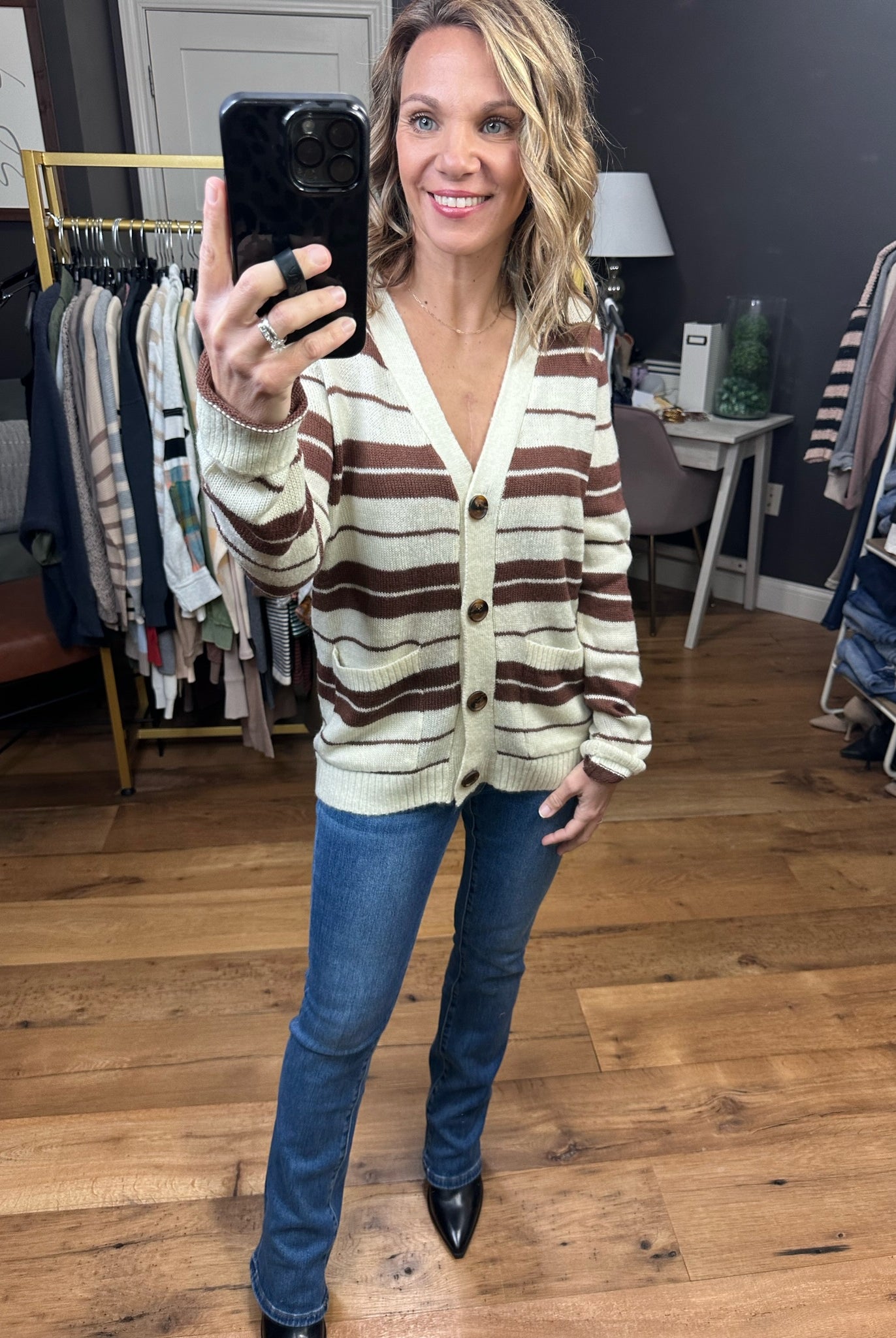 Least Bit Curious Striped Button Cardigan - Multiple Options-Cardigans-Staccato 54364-Anna Kaytes Boutique, Women's Fashion Boutique in Grinnell, Iowa