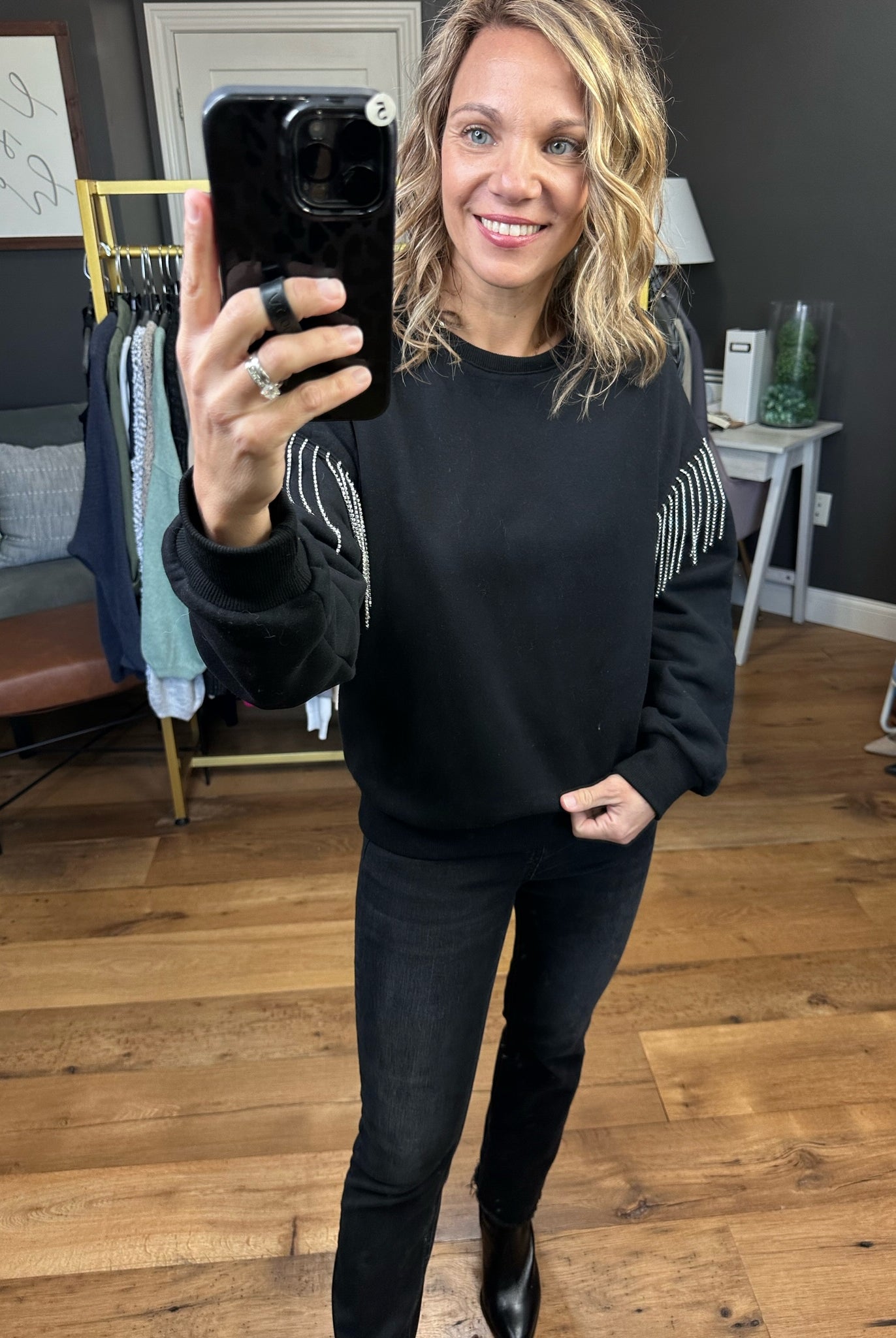 Feelin’ Alright Rhinestone Sleeve Crew - Black-Long Sleeves-Skies Are Blue 45499-Anna Kaytes Boutique, Women's Fashion Boutique in Grinnell, Iowa