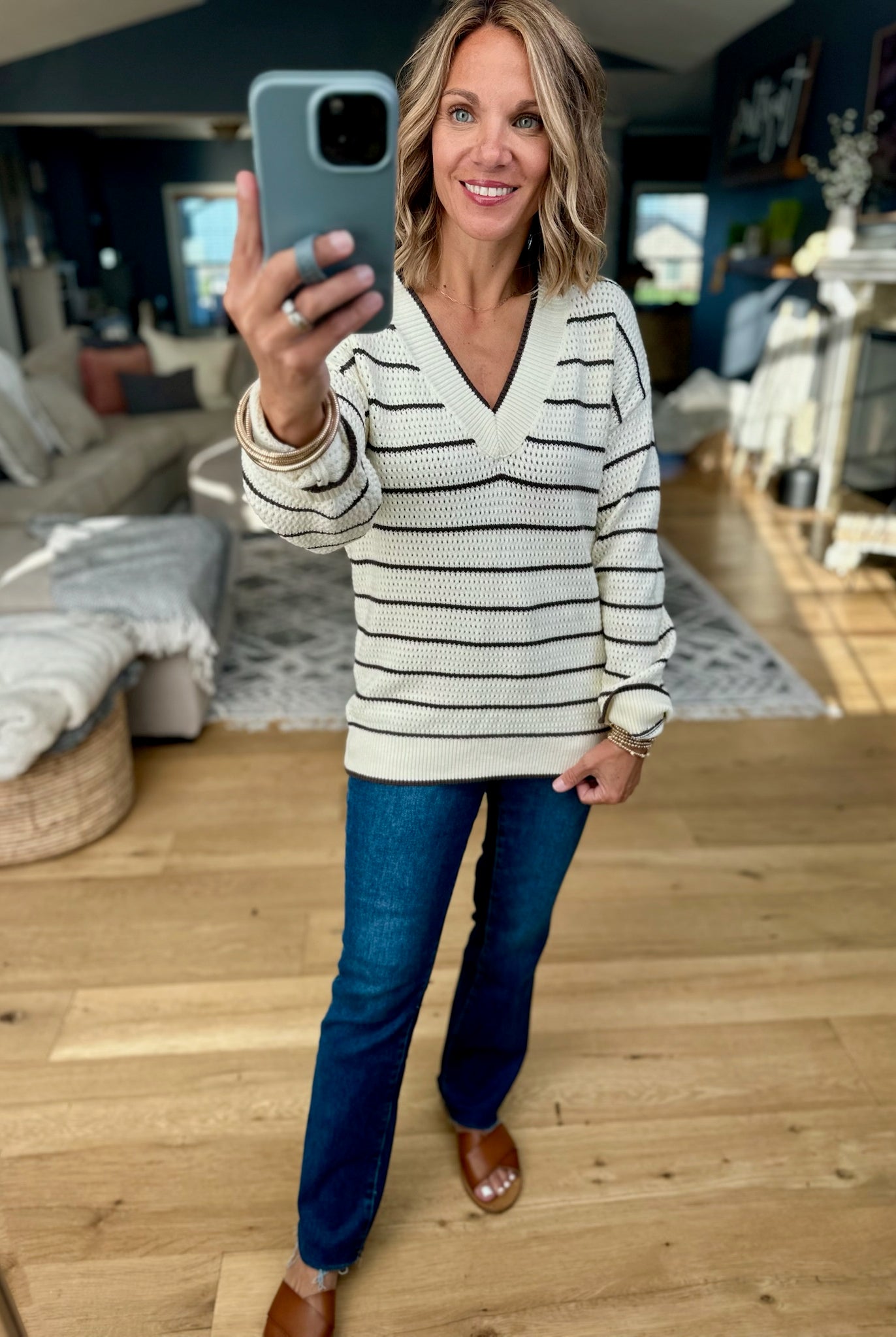 Newly Discovered Striped V-Neck Knit Sweater-Thread & Supply-Anna Kaytes Boutique, Women's Fashion Boutique in Grinnell, Iowa