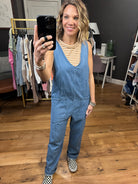 The Madison Denim Pocket Jumpsuit - Light Wash-Jumpsuits-Day & Moon DM1064-1-Anna Kaytes Boutique, Women's Fashion Boutique in Grinnell, Iowa
