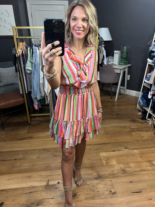 Vibrant Times Striped Dress With Flutter Hem - Coral Combo-Entro D22551-Anna Kaytes Boutique, Women's Fashion Boutique in Grinnell, Iowa