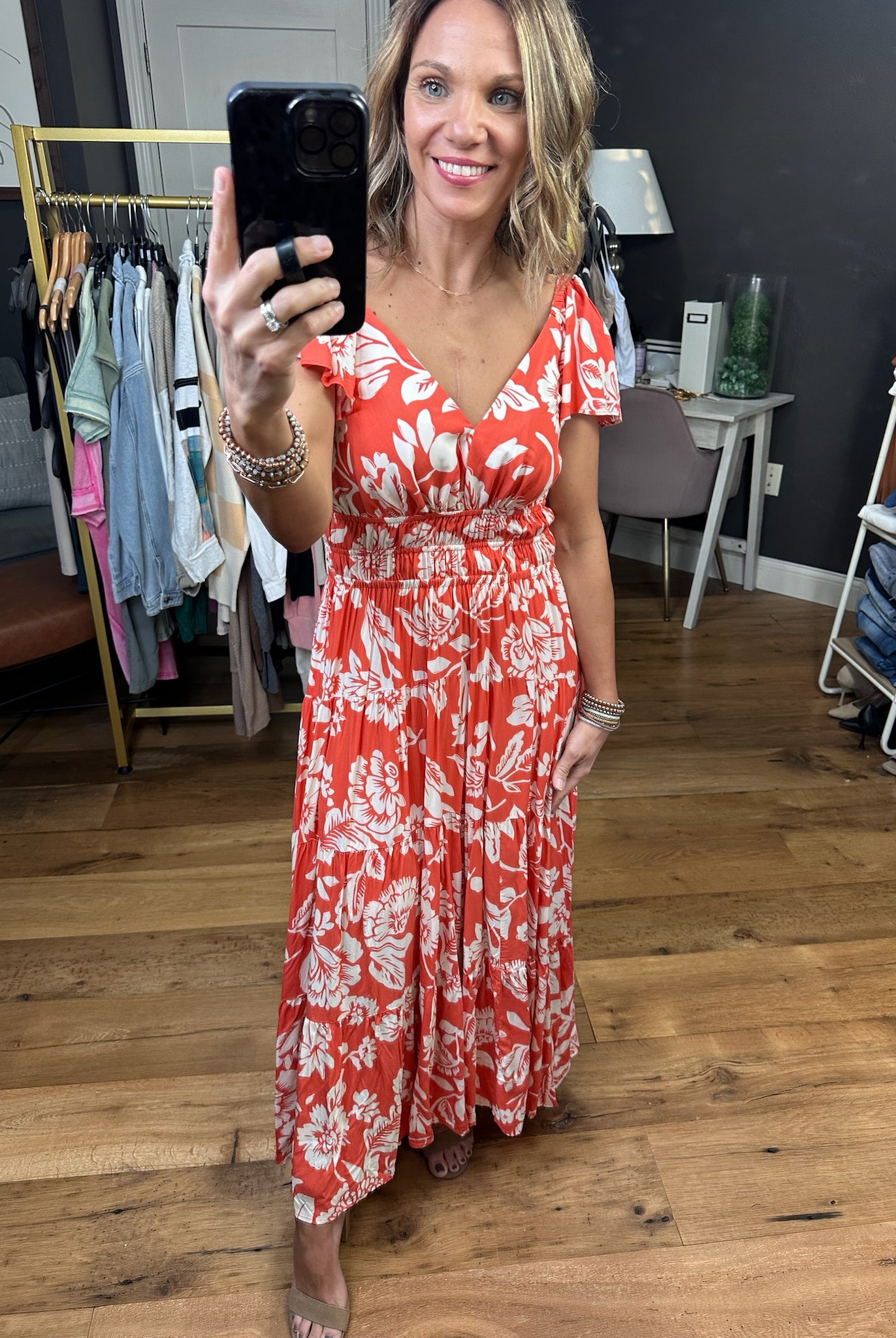 Sunshine State Floral Dress - Deep Orange-Dresses-Entro D22320-Anna Kaytes Boutique, Women's Fashion Boutique in Grinnell, Iowa