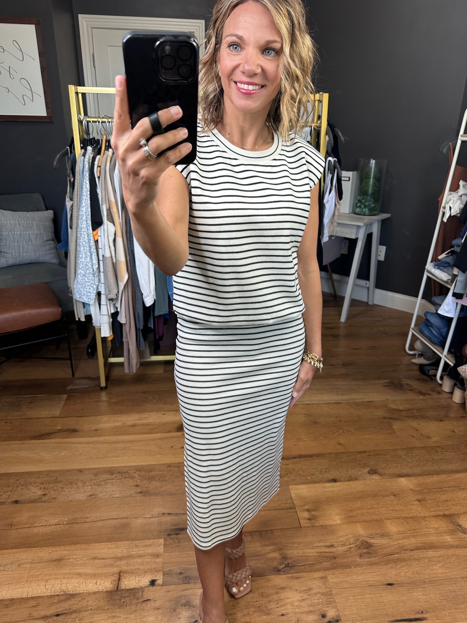 Heard Right Cap Sleeve Top + Side Slit Skirt Set - Ivory/Black-Skirts-Skies Are Blue-Anna Kaytes Boutique, Women's Fashion Boutique in Grinnell, Iowa