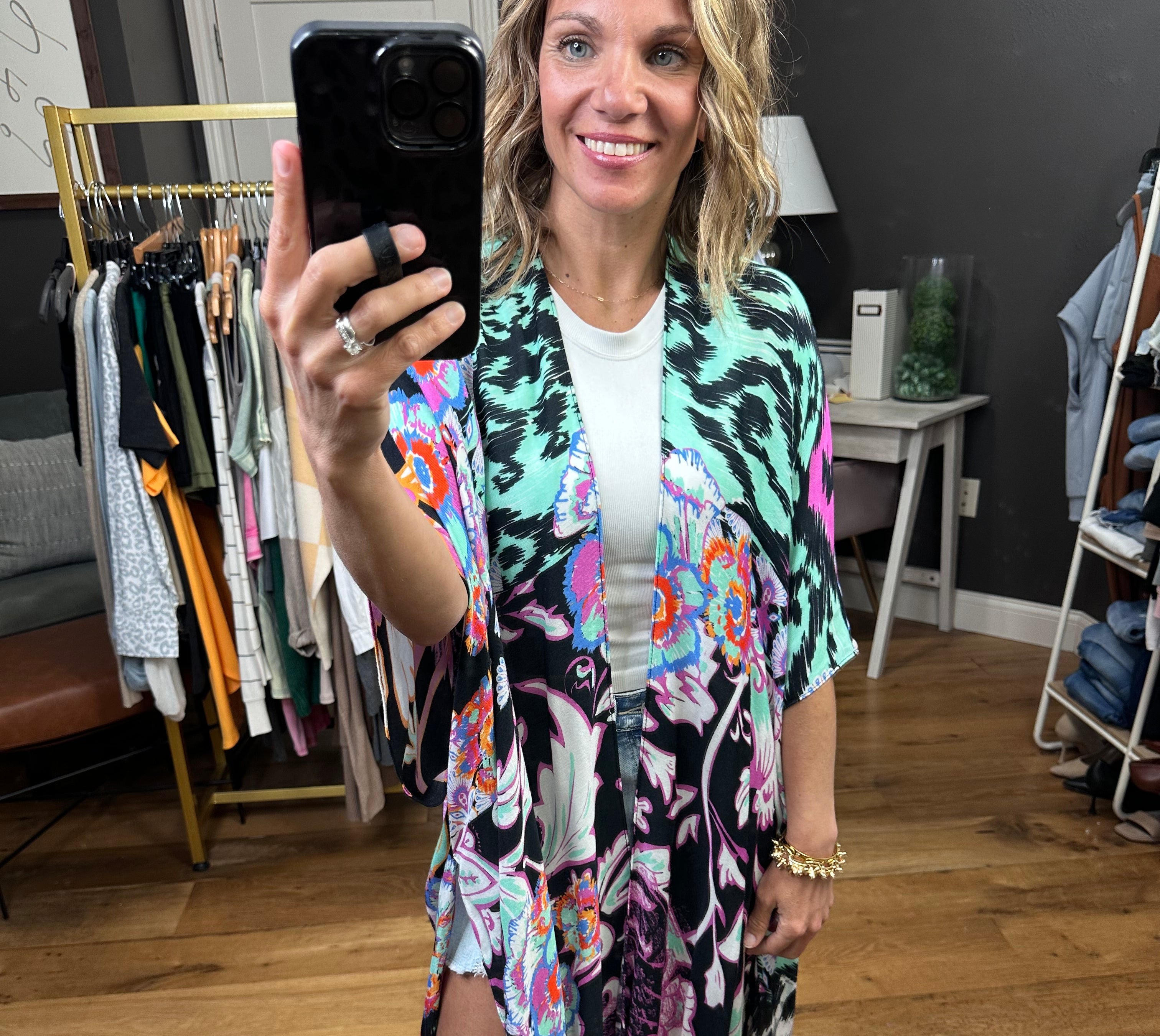 Making My Way Patterned Kimono - Black Multi-Kimonos-Urbanista 25u2299-Anna Kaytes Boutique, Women's Fashion Boutique in Grinnell, Iowa