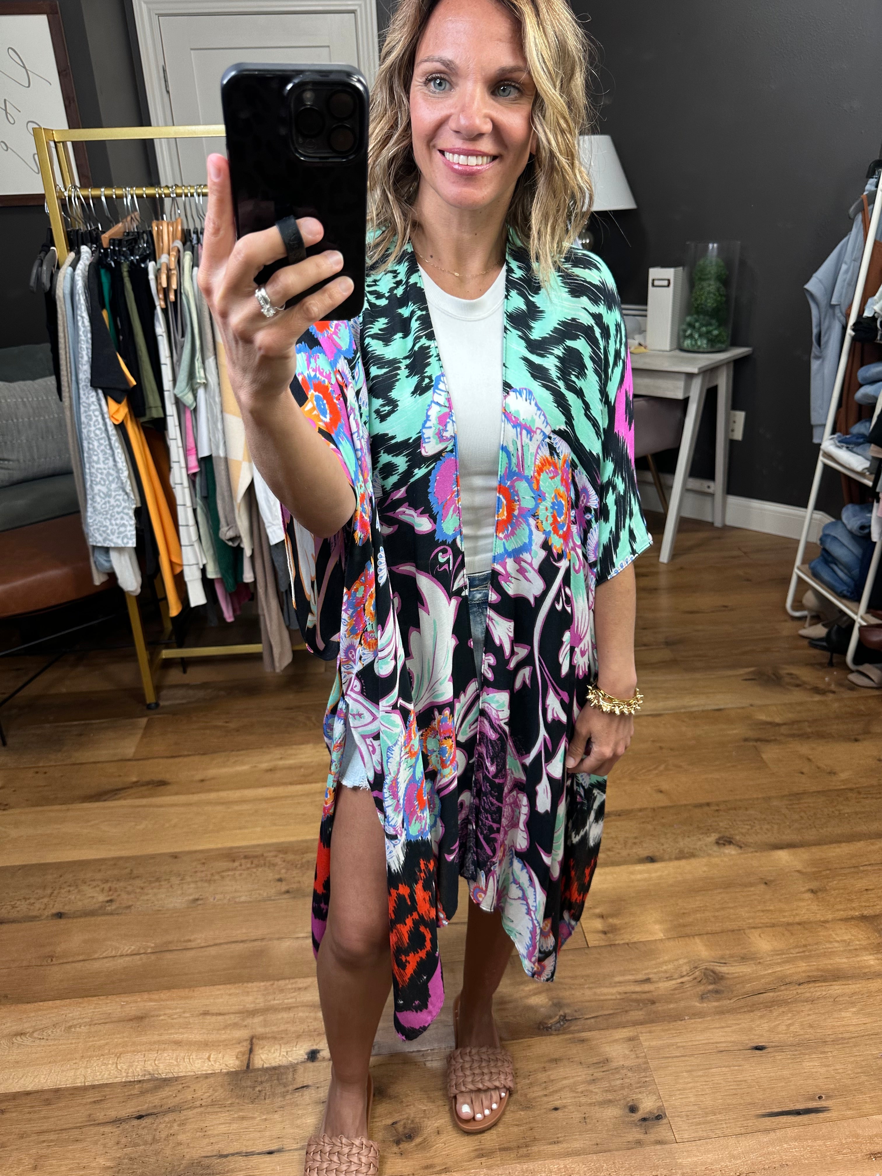 Making My Way Patterned Kimono - Black Multi-Kimonos-Urbanista 25u2299-Anna Kaytes Boutique, Women's Fashion Boutique in Grinnell, Iowa