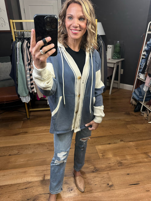 Looking Back Contrasting Knit Hooded Cardigan - Washed Denim-Easel ET22696-Anna Kaytes Boutique, Women's Fashion Boutique in Grinnell, Iowa