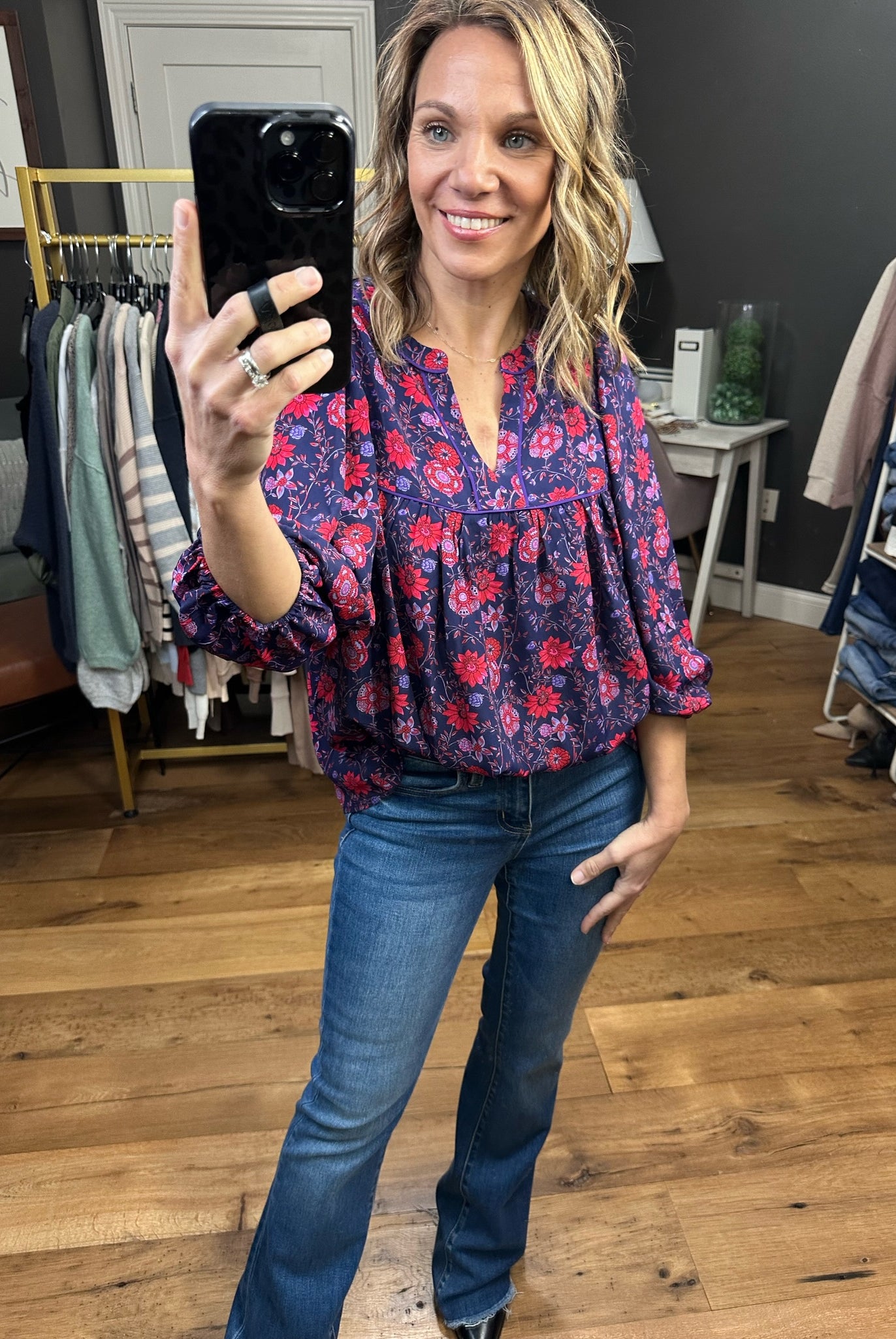 Spring Awaits Flowy Floral Top With Pleat Detail - Grape/Red-Long Sleeves-Skies Are blue 45521-Anna Kaytes Boutique, Women's Fashion Boutique in Grinnell, Iowa