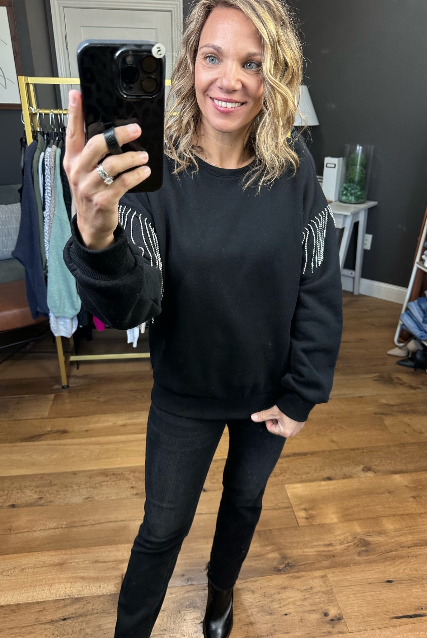 Feelin’ Alright Rhinestone Sleeve Crew - Black-Long Sleeves-Skies Are Blue 45499-Anna Kaytes Boutique, Women's Fashion Boutique in Grinnell, Iowa