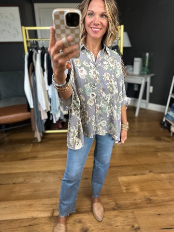 Kind Of Love Floral Button-Down Top - Grey-Eesome-Anna Kaytes Boutique, Women's Fashion Boutique in Grinnell, Iowa