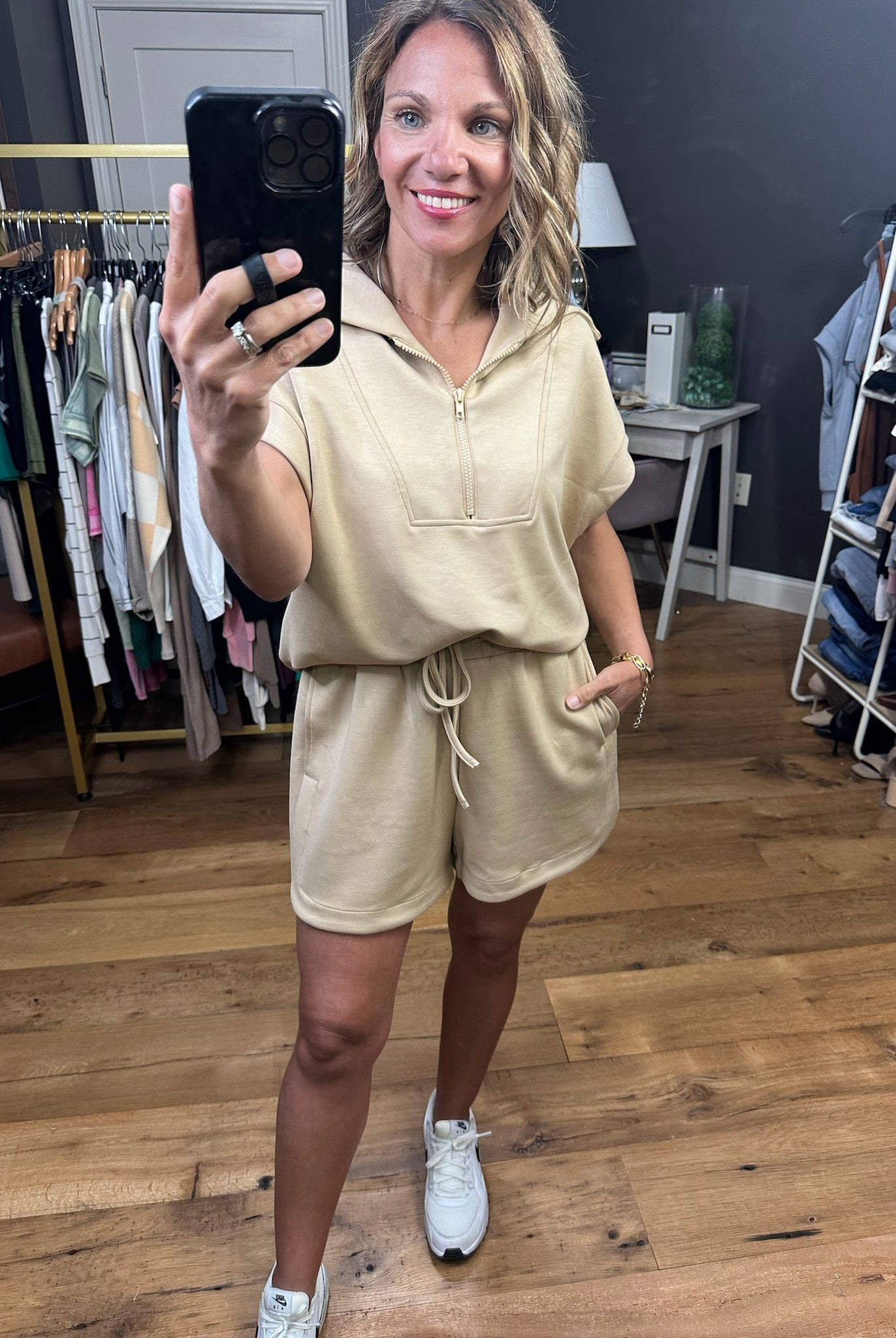 In Charge Scuba 1/2 Zip + Short Set - Taupe-Two Piece Set-Wishlist-Anna Kaytes Boutique, Women's Fashion Boutique in Grinnell, Iowa