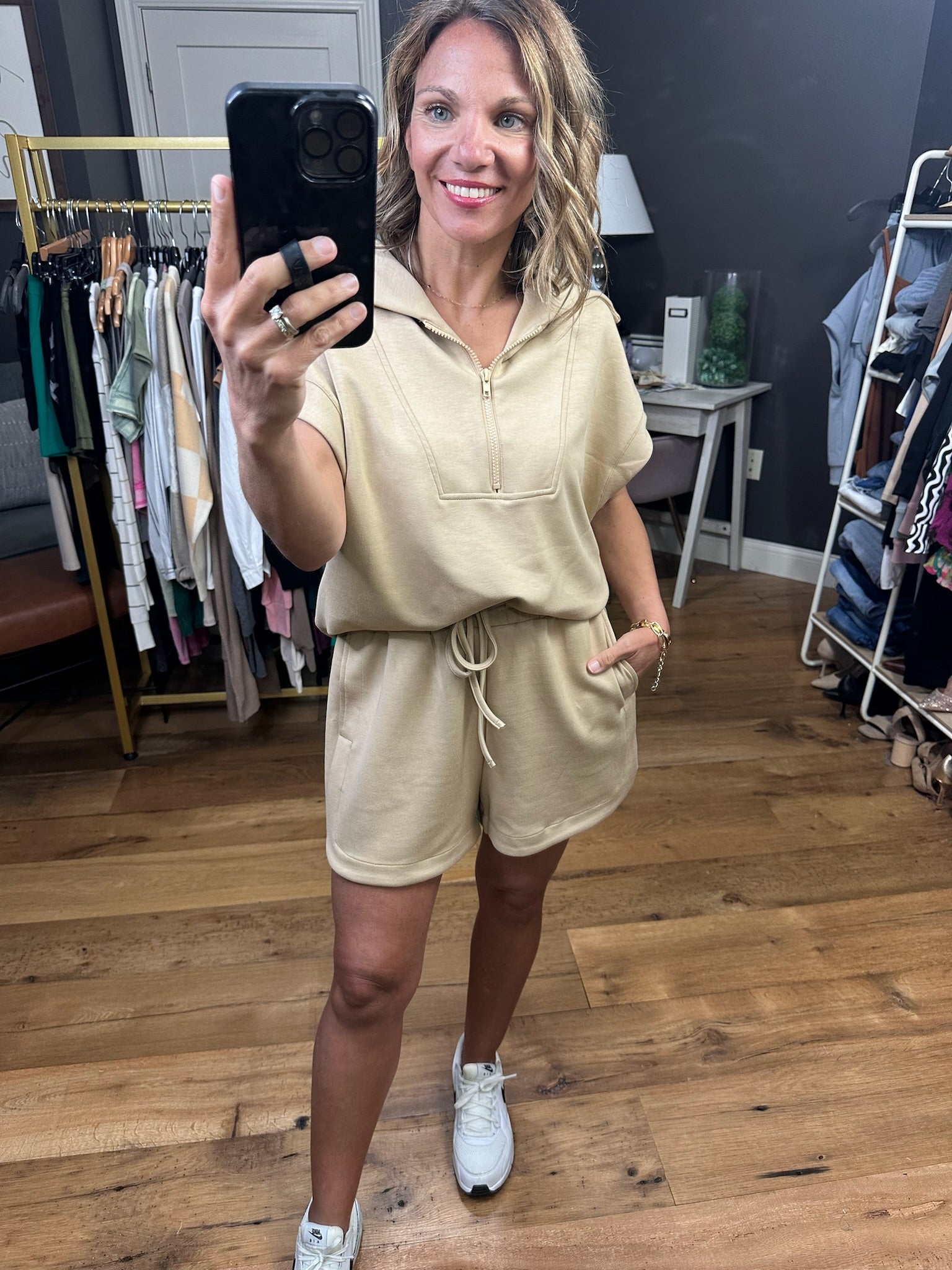 In Charge Scuba 1/2 Zip + Short Set - Taupe-Two Piece Set-Wishlist-Anna Kaytes Boutique, Women's Fashion Boutique in Grinnell, Iowa