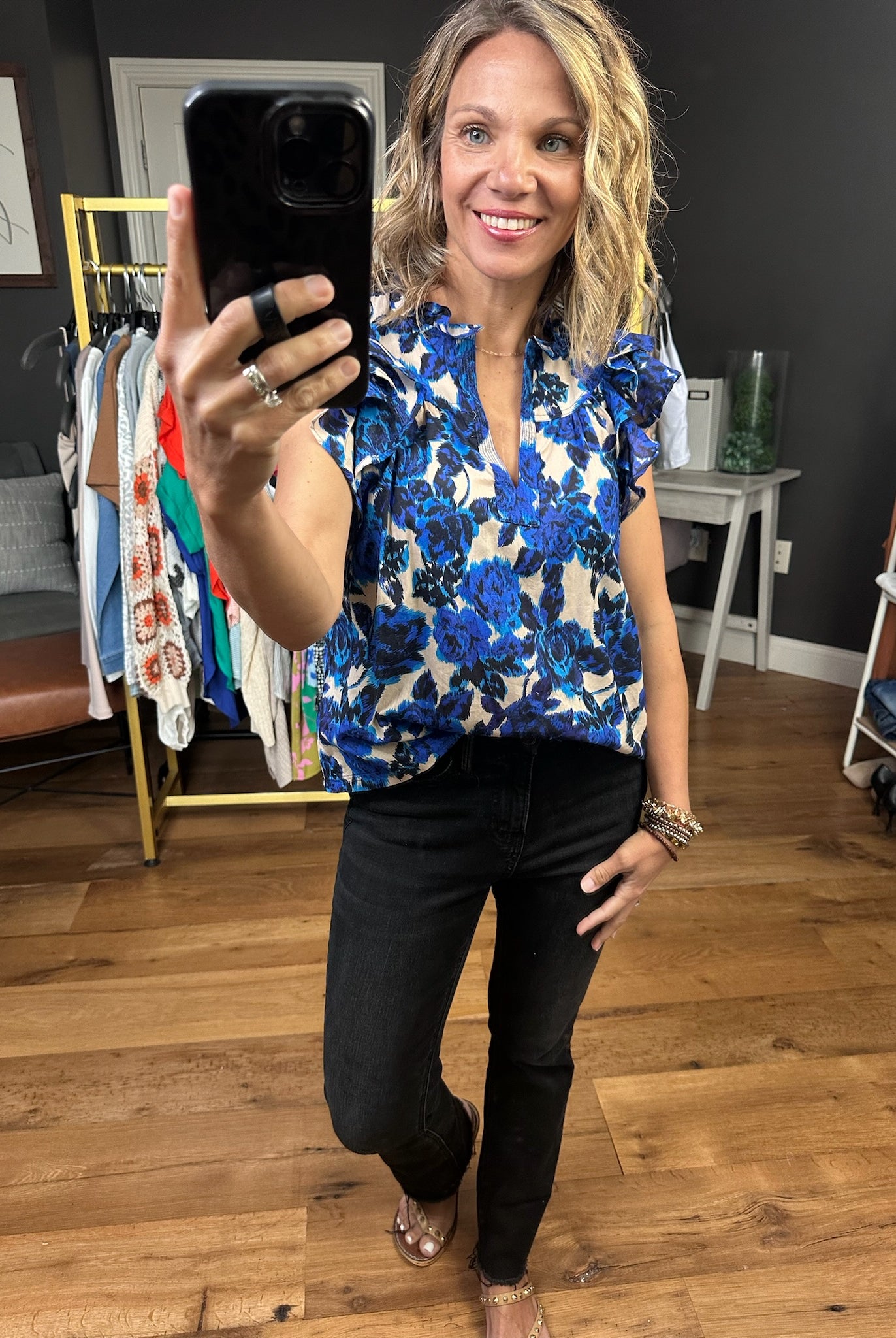 To The Point Floral Top With Ruffle Sleeve Detail - Blue-Short Sleeves-Olivaceous-Anna Kaytes Boutique, Women's Fashion Boutique in Grinnell, Iowa