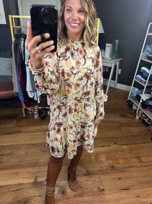 By My Side Floral High-Neck Dress With Smocked Detail - Natural-Skies Are Blue 99588-Anna Kaytes Boutique, Women's Fashion Boutique in Grinnell, Iowa