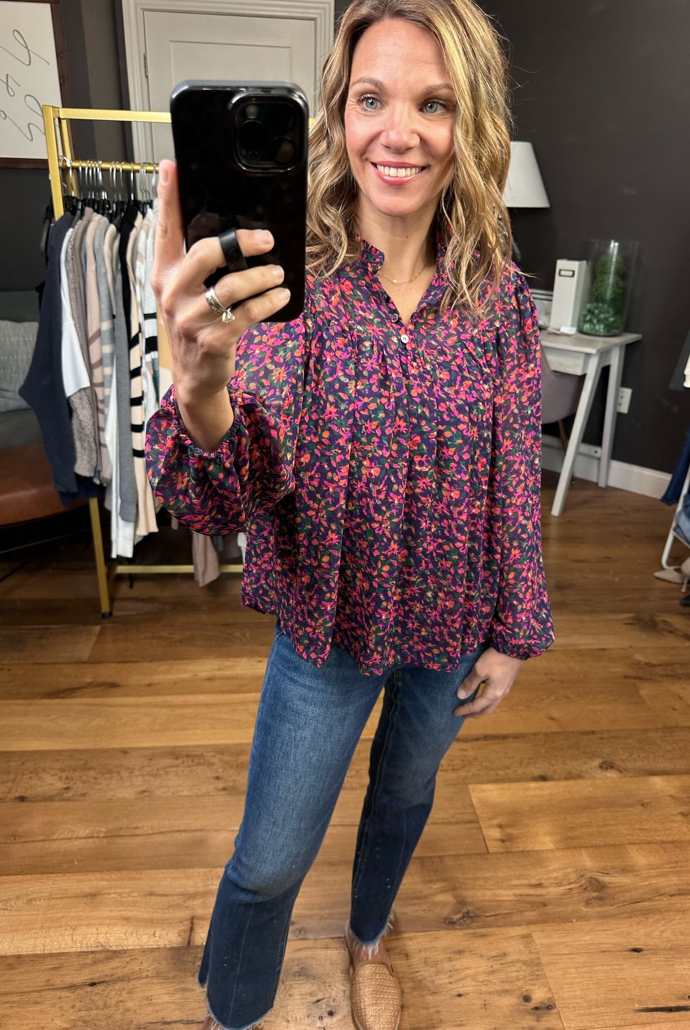 Seeing You Soon Floral Balloon Sleeve Top - Navy/Magenta-Long Sleeves-Skies Are Blue 45289-Anna Kaytes Boutique, Women's Fashion Boutique in Grinnell, Iowa