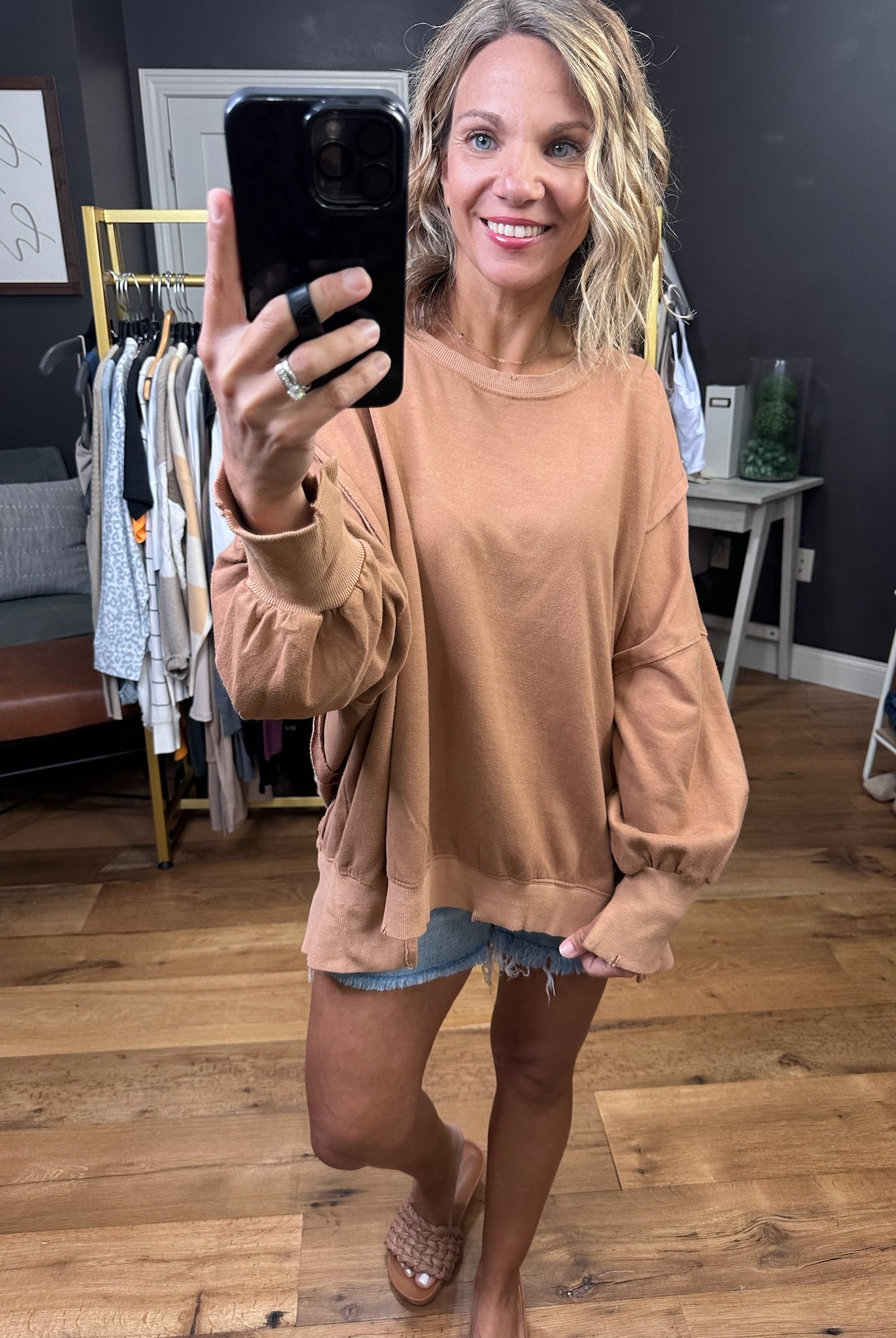 On the Regular Balloon Sleeve Crew - Vintage Rust-Short Sleeves-Bibi-Anna Kaytes Boutique, Women's Fashion Boutique in Grinnell, Iowa