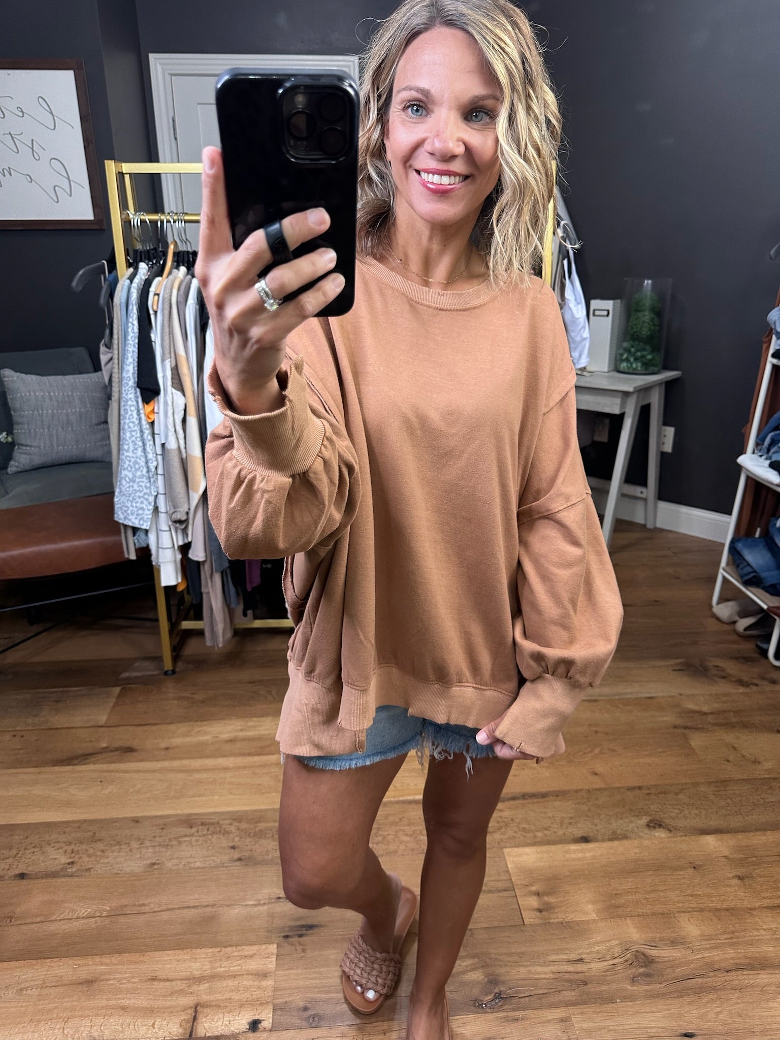 On the Regular Balloon Sleeve Crew - Vintage Rust-Short Sleeves-Bibi-Anna Kaytes Boutique, Women's Fashion Boutique in Grinnell, Iowa