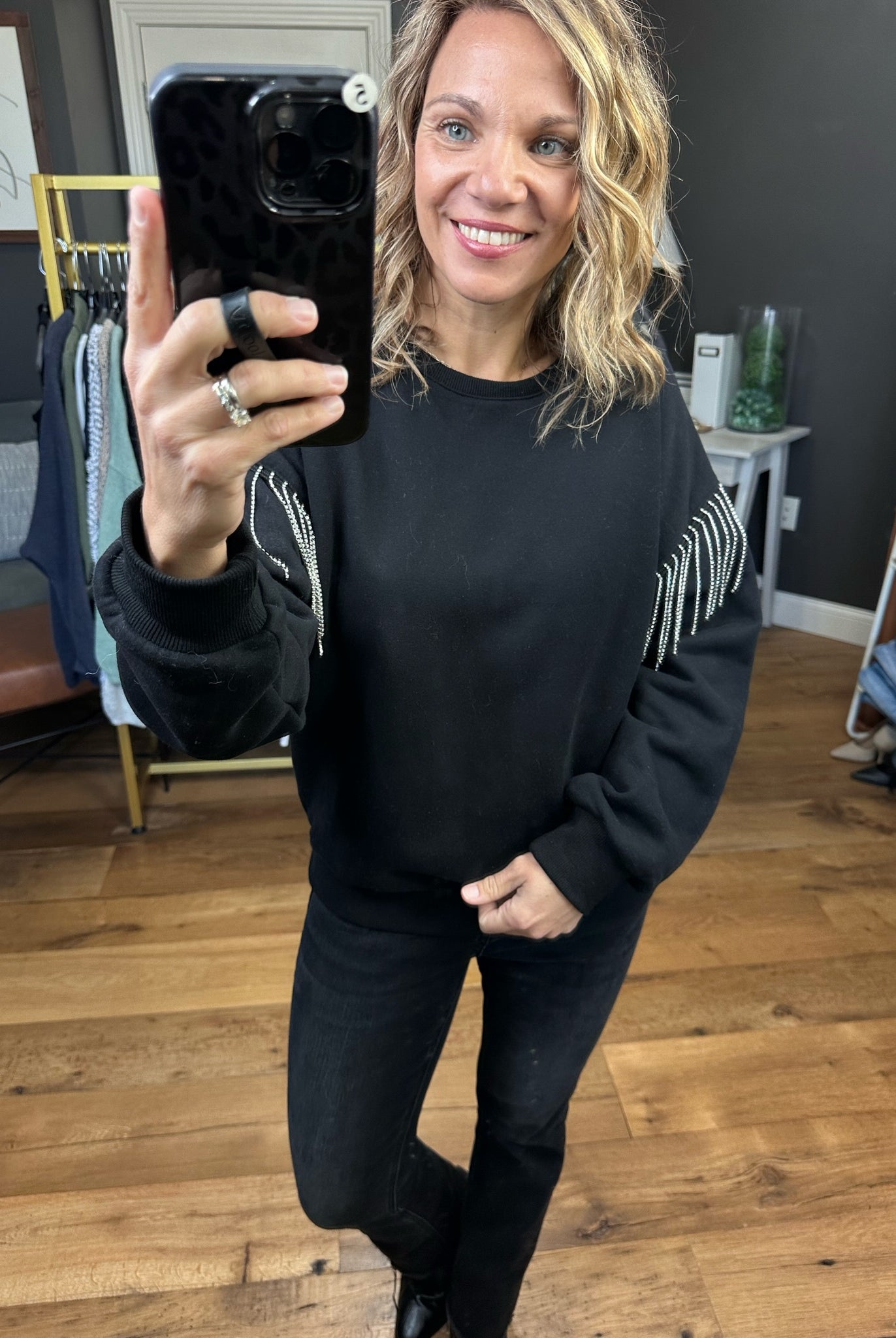 Feelin’ Alright Rhinestone Sleeve Crew - Black-Long Sleeves-Skies Are Blue 45499-Anna Kaytes Boutique, Women's Fashion Boutique in Grinnell, Iowa