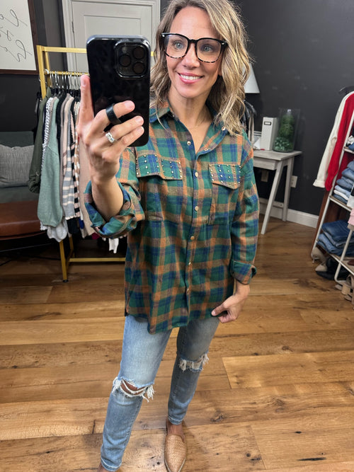 Anymore Obvious Plaid Button-Down With Studded Detail - Hunter Green-Entro T21945-Anna Kaytes Boutique, Women's Fashion Boutique in Grinnell, Iowa