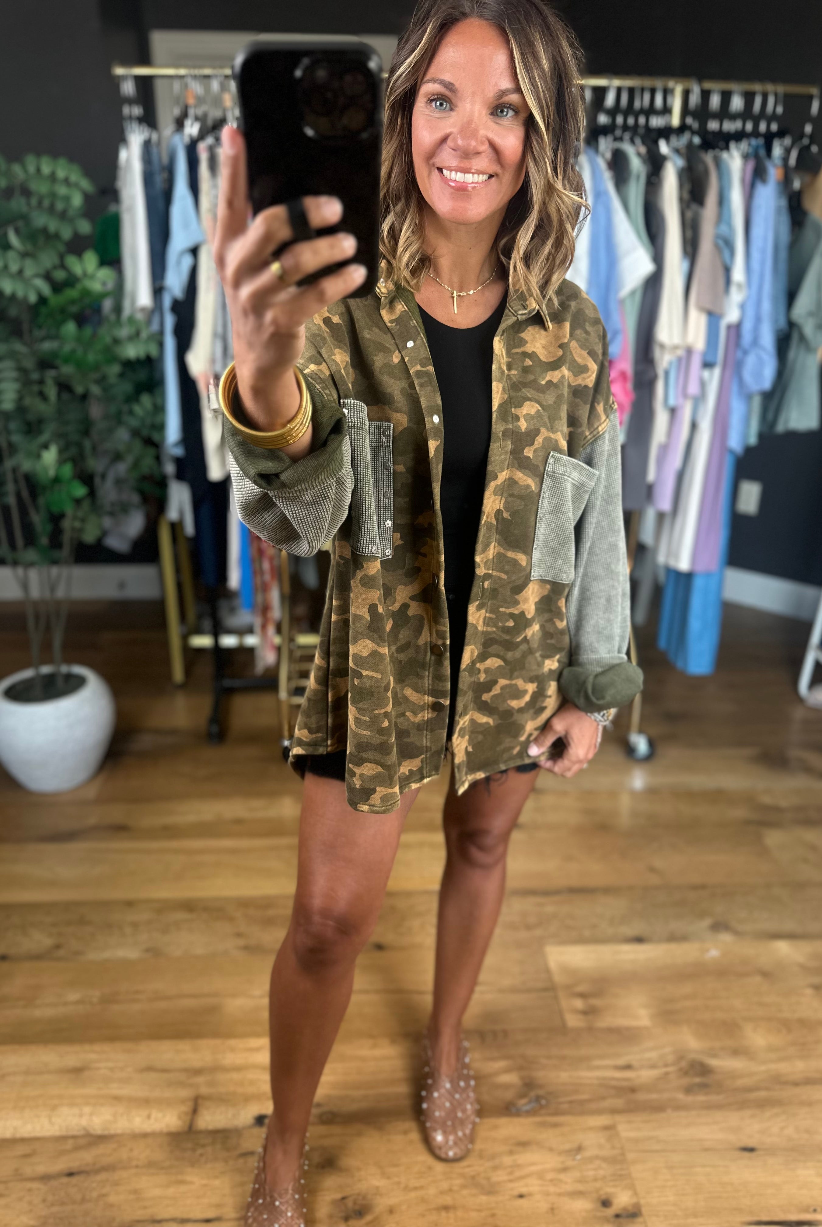 Out There Camo Jacket-Jackets-POL-Anna Kaytes Boutique, Women's Fashion Boutique in Grinnell, Iowa