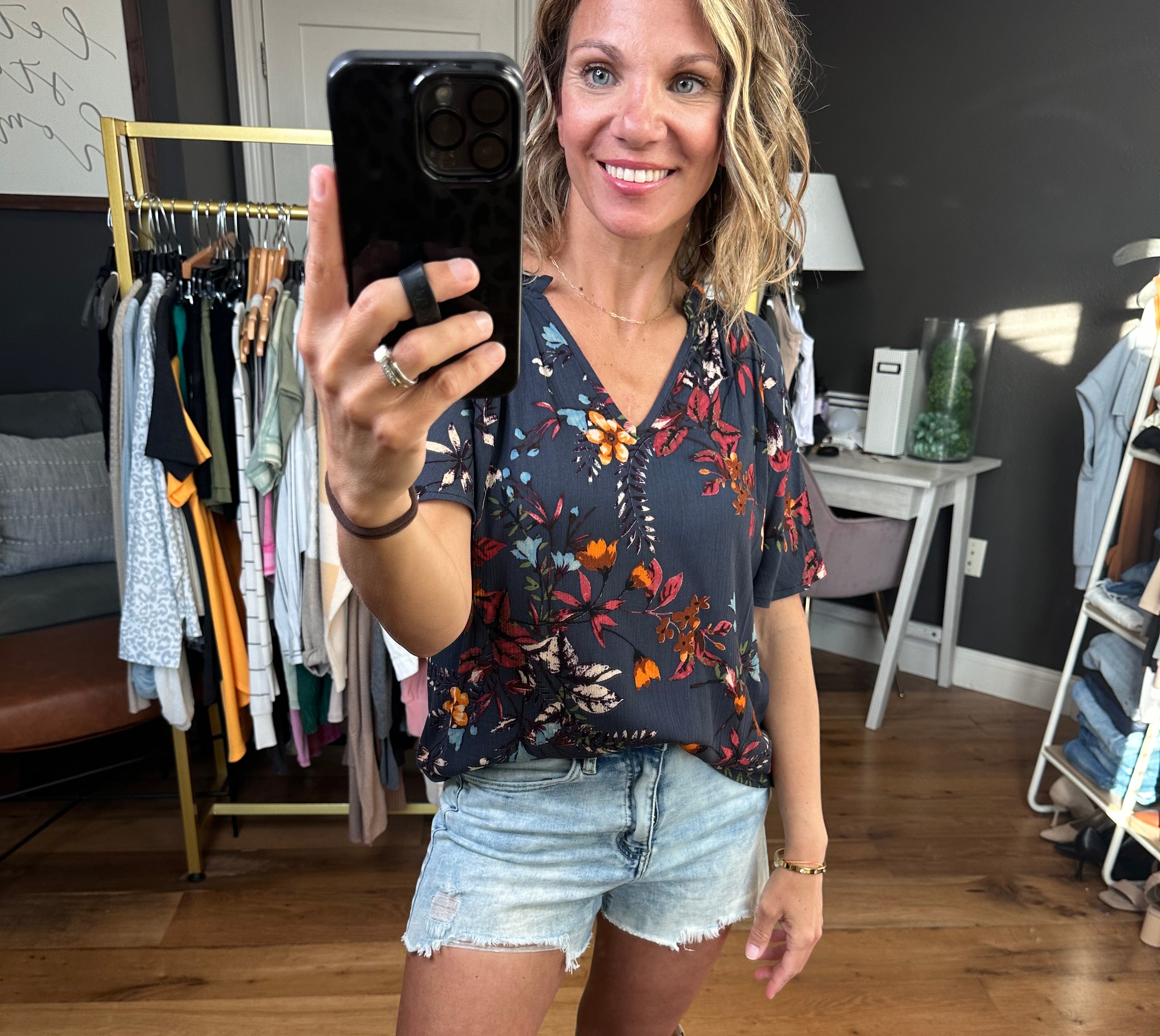 Walking Among the Wildflowers Dark Teal Flowy Top-Short Sleeves-LesAmisT1502D-Anna Kaytes Boutique, Women's Fashion Boutique in Grinnell, Iowa