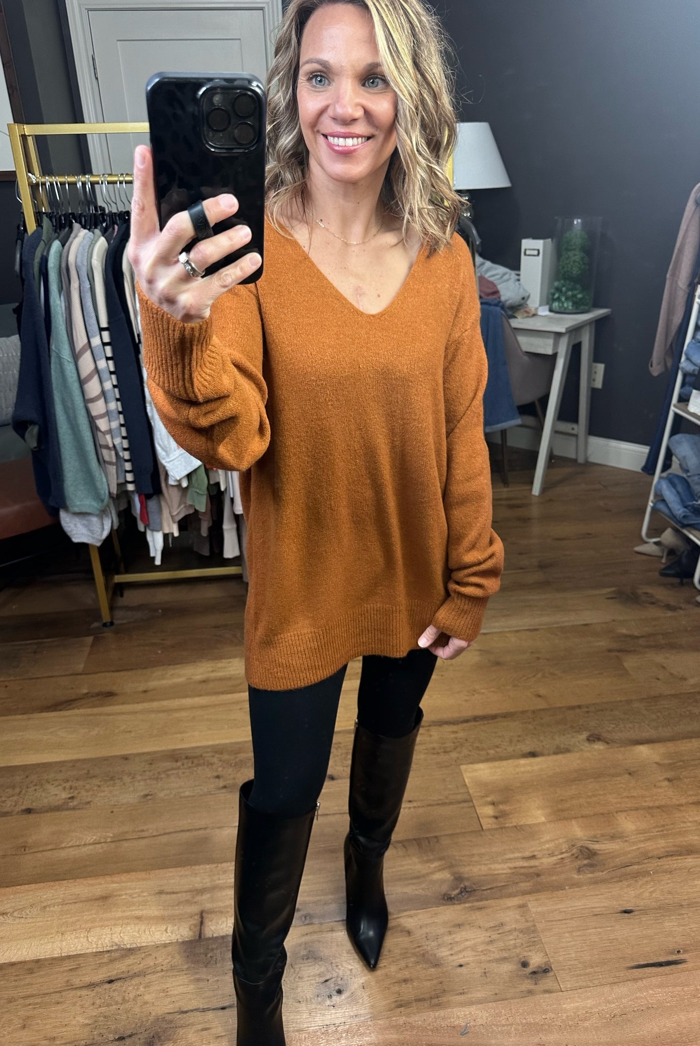 Sweet On You V-Neck Knit Sweater - Deep Caramel-Sweaters-Skies Are Blue 45566-Anna Kaytes Boutique, Women's Fashion Boutique in Grinnell, Iowa