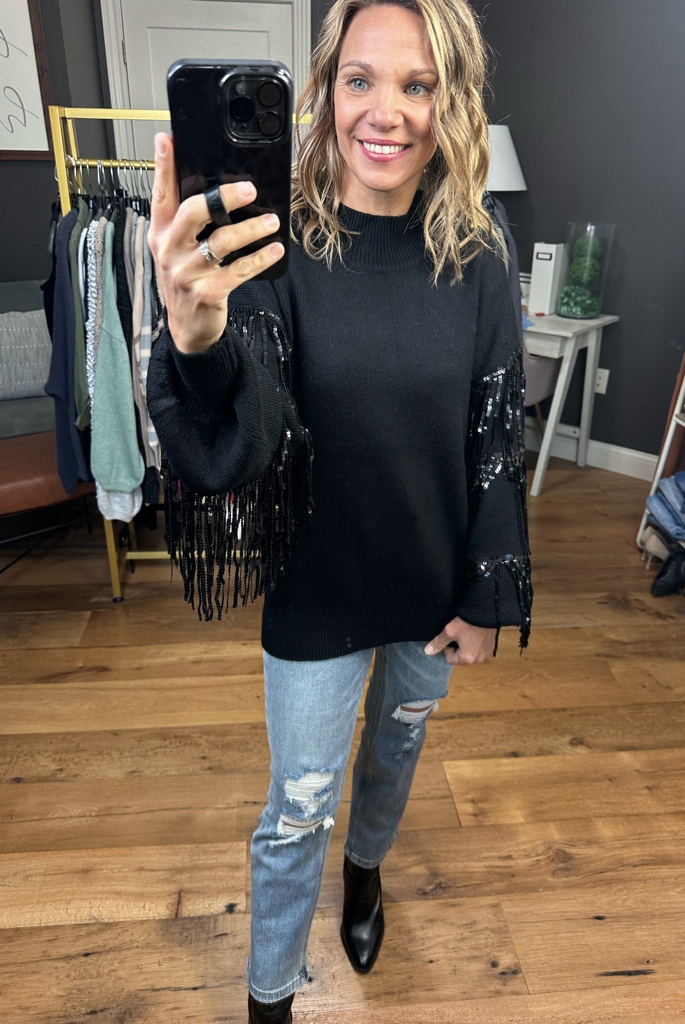 The Right Moves Fringe + Sequin Sleeve Sweater - Black-Sweaters-Listicle LSW0834-Anna Kaytes Boutique, Women's Fashion Boutique in Grinnell, Iowa