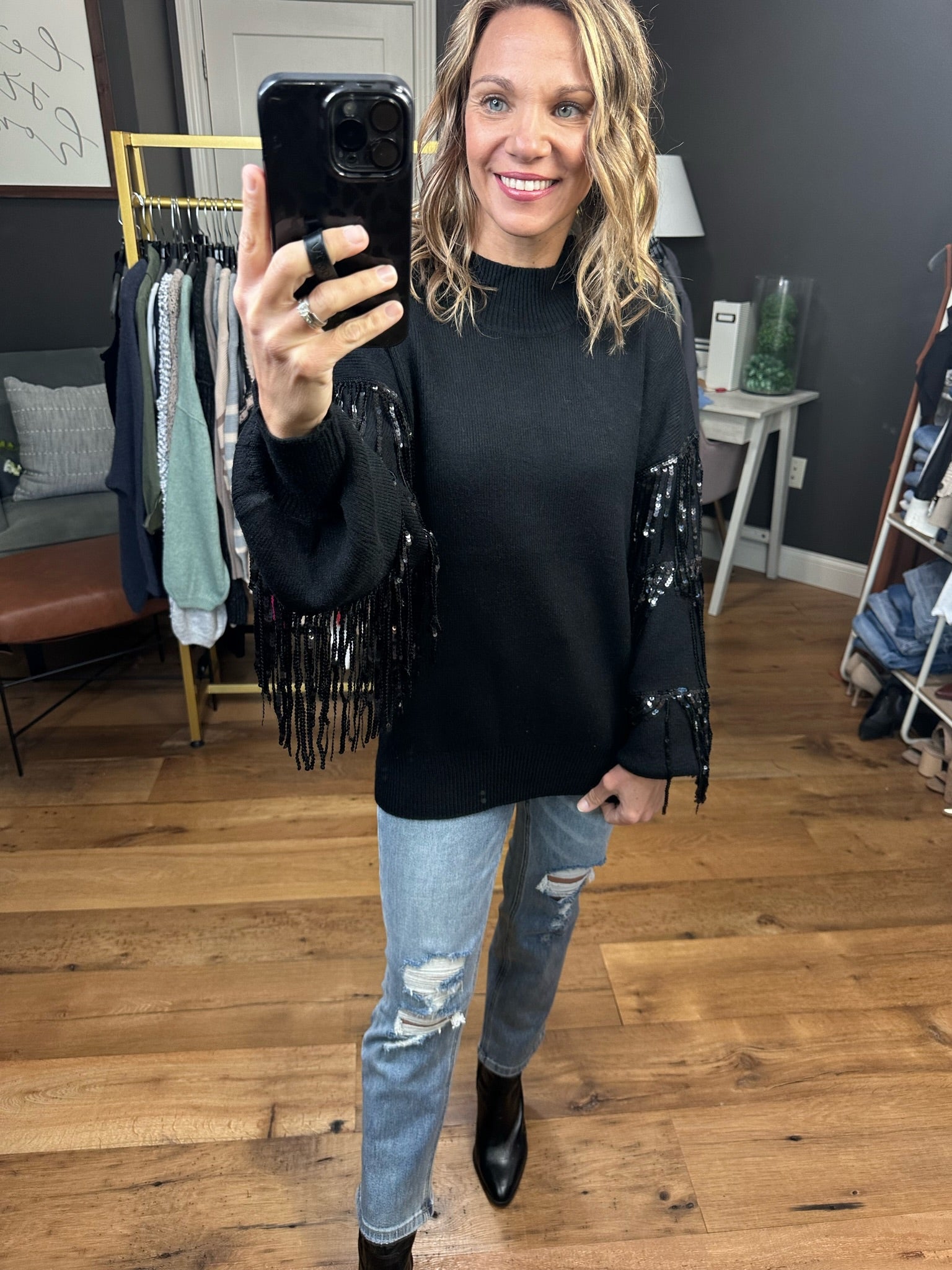 The Right Moves Fringe + Sequin Sleeve Sweater - Black-Sweaters-Listicle LSW0834-Anna Kaytes Boutique, Women's Fashion Boutique in Grinnell, Iowa
