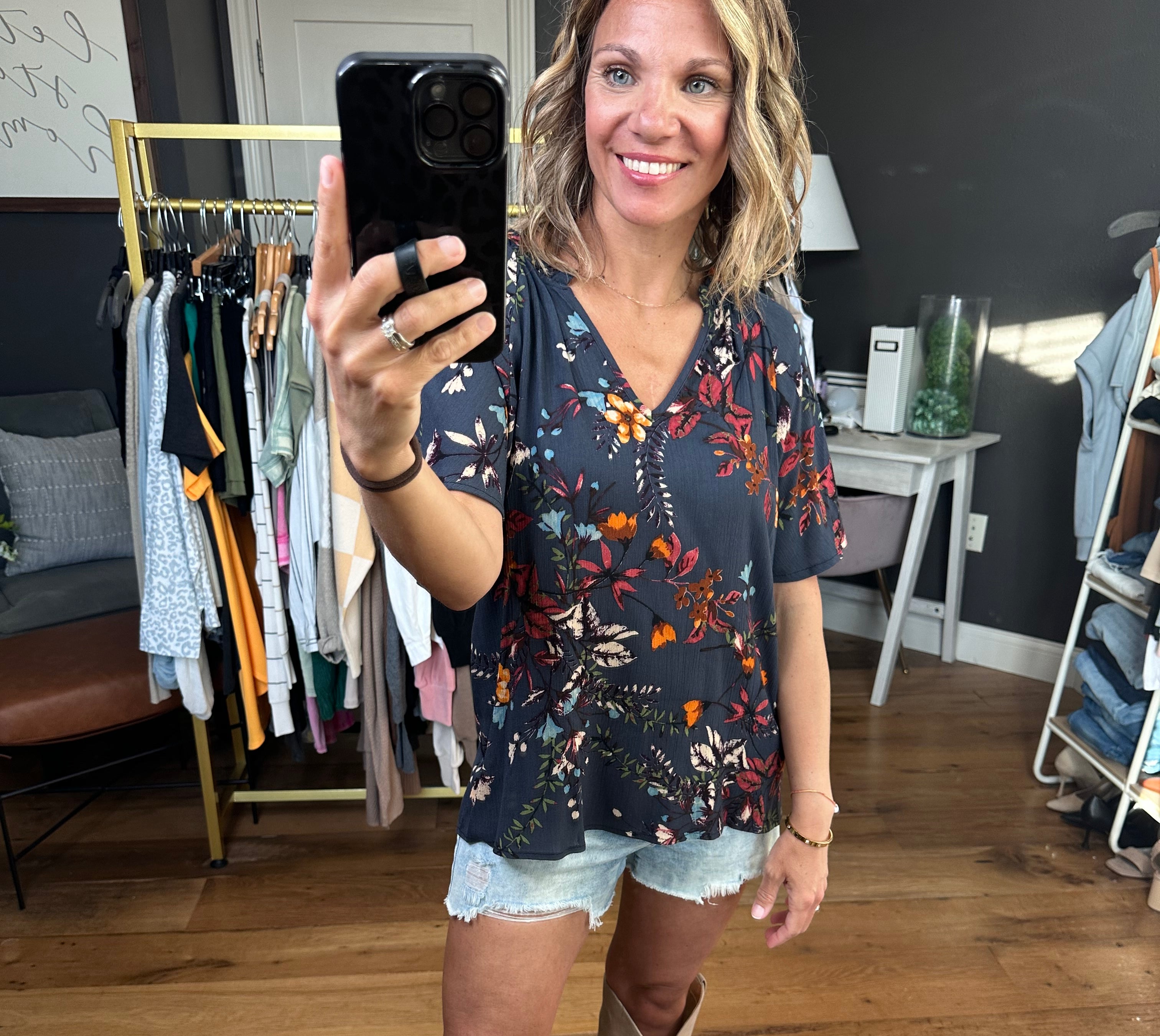 Walking Among the Wildflowers Dark Teal Flowy Top-Short Sleeves-LesAmisT1502D-Anna Kaytes Boutique, Women's Fashion Boutique in Grinnell, Iowa