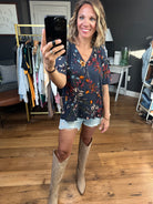 Walking Among the Wildflowers Dark Teal Flowy Top-Short Sleeves-LesAmisT1502D-Anna Kaytes Boutique, Women's Fashion Boutique in Grinnell, Iowa