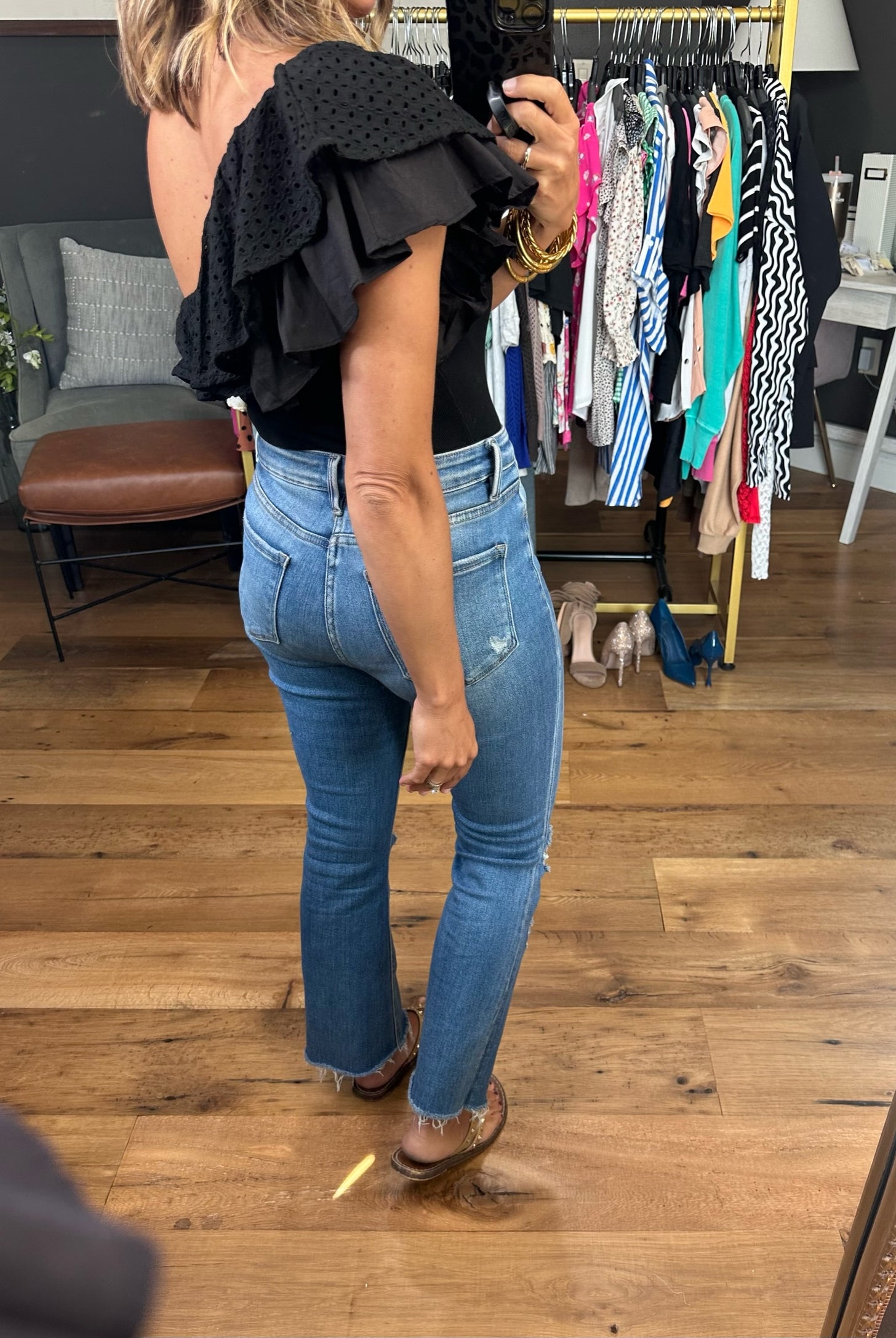 City Lights One Shoulder Ruffled Bodysuit - Black-Bodysuits-EESOME TK7630-Anna Kaytes Boutique, Women's Fashion Boutique in Grinnell, Iowa