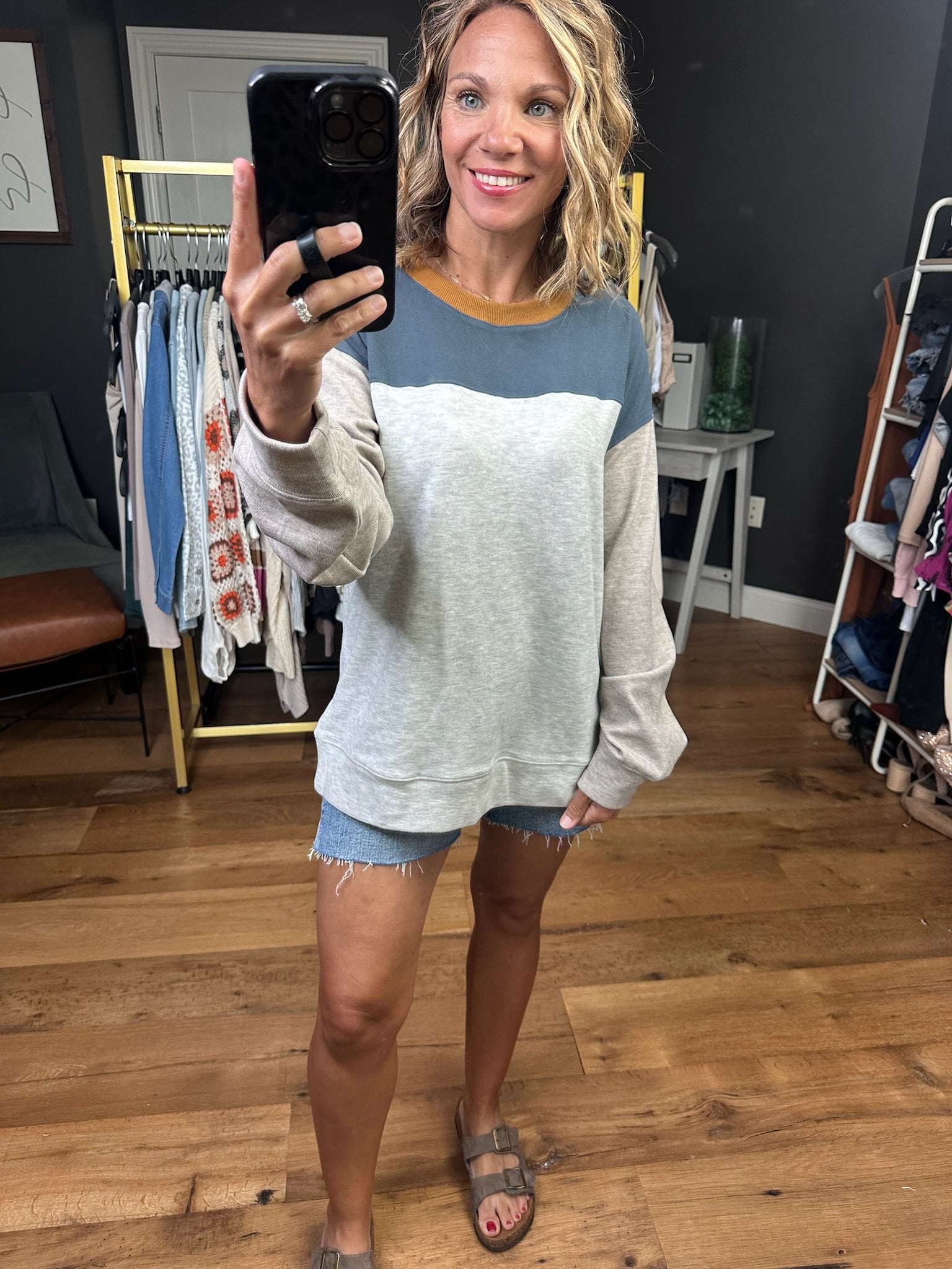 The Way It Works Colorblock Crew - Slate Grey-Sweaters-Hem & Thread 35809-Anna Kaytes Boutique, Women's Fashion Boutique in Grinnell, Iowa