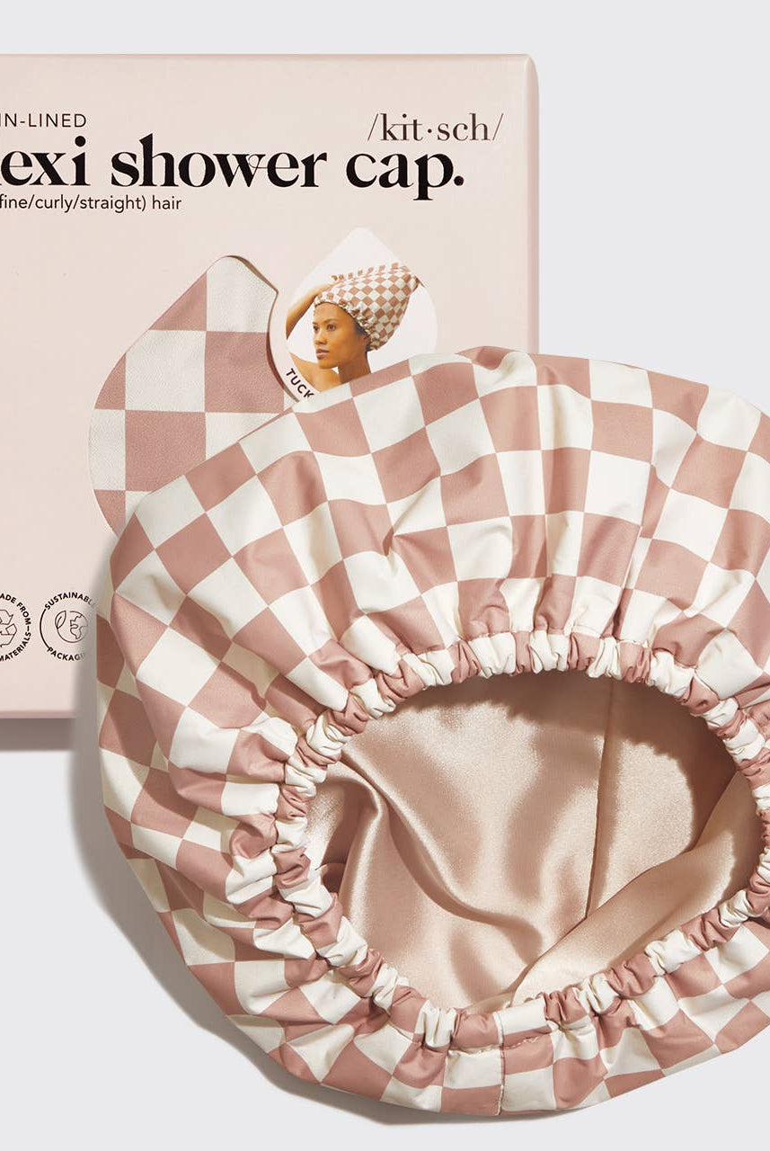 Satin Lined Flexi Shower Cap - Terracotta Checker-Hair Accessories-KITSCH-Anna Kaytes Boutique, Women's Fashion Boutique in Grinnell, Iowa