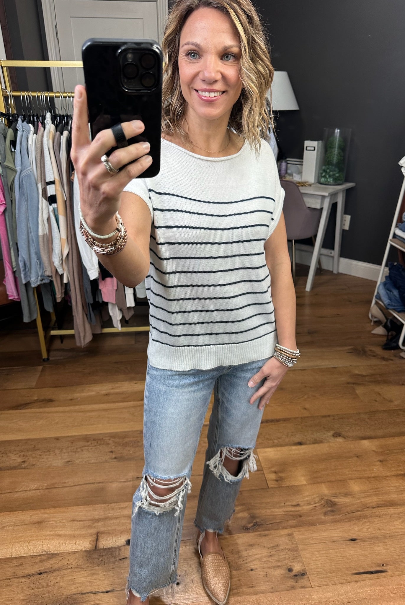 Namely Nautical Short Sleeve Striped Sweater - Ivory/Navy-Sweaters-Staccato 54520-Anna Kaytes Boutique, Women's Fashion Boutique in Grinnell, Iowa