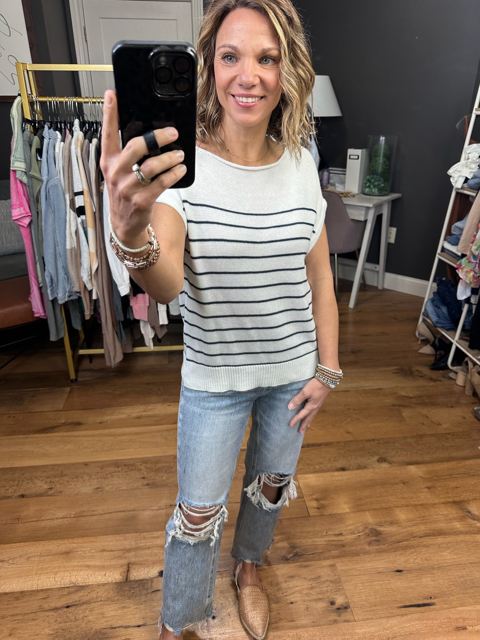 Namely Nautical Short Sleeve Striped Sweater - Ivory/Navy-Sweaters-Staccato 54520-Anna Kaytes Boutique, Women's Fashion Boutique in Grinnell, Iowa