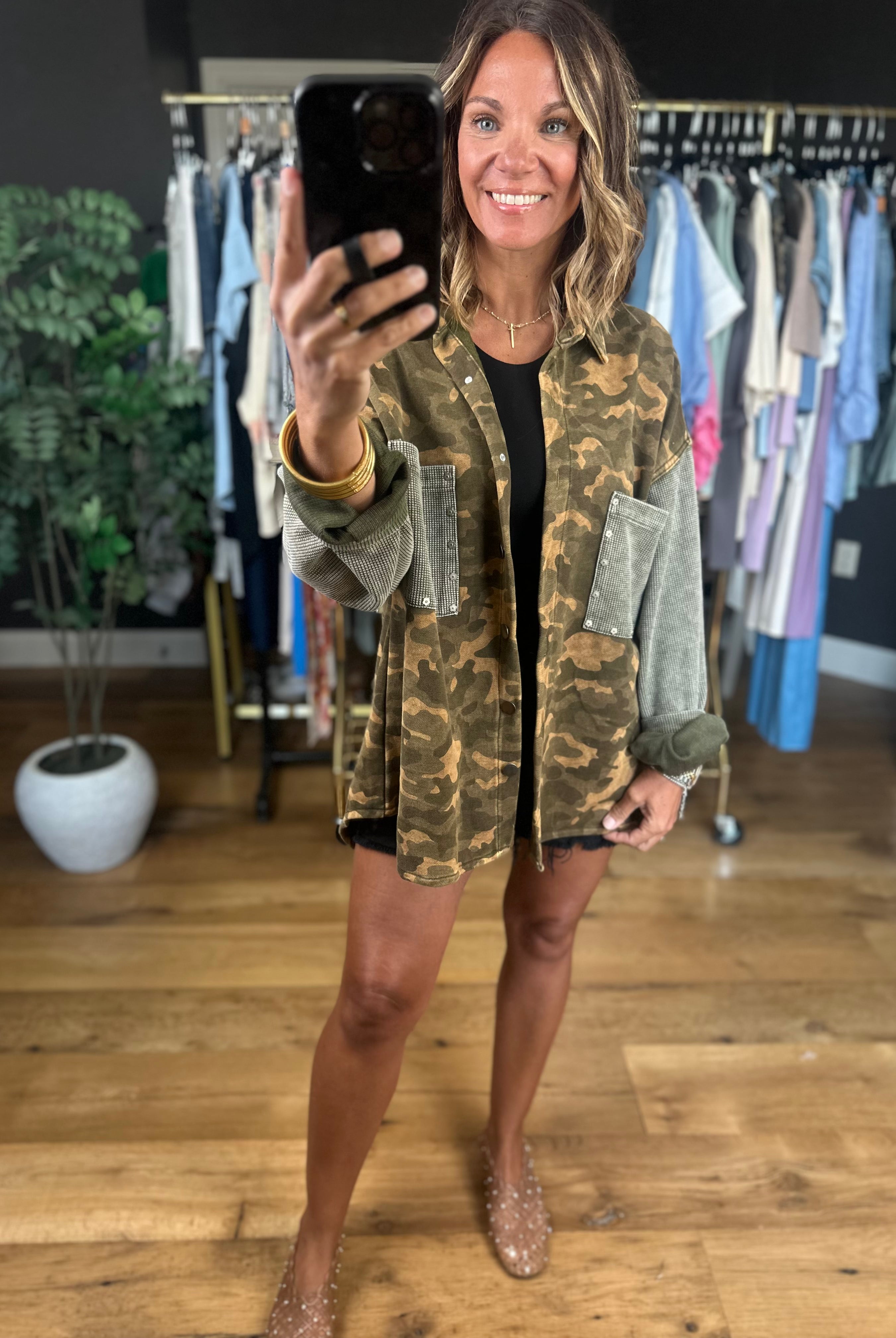 Out There Camo Jacket-Jackets-POL-Anna Kaytes Boutique, Women's Fashion Boutique in Grinnell, Iowa