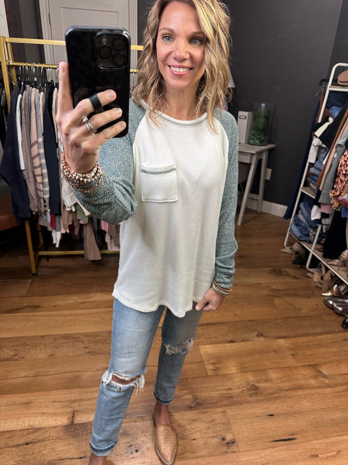 Here's The Deal Raglan Long Sleeve Top - Ivory/Hunter green-Staccato 14155P-Anna Kaytes Boutique, Women's Fashion Boutique in Grinnell, Iowa