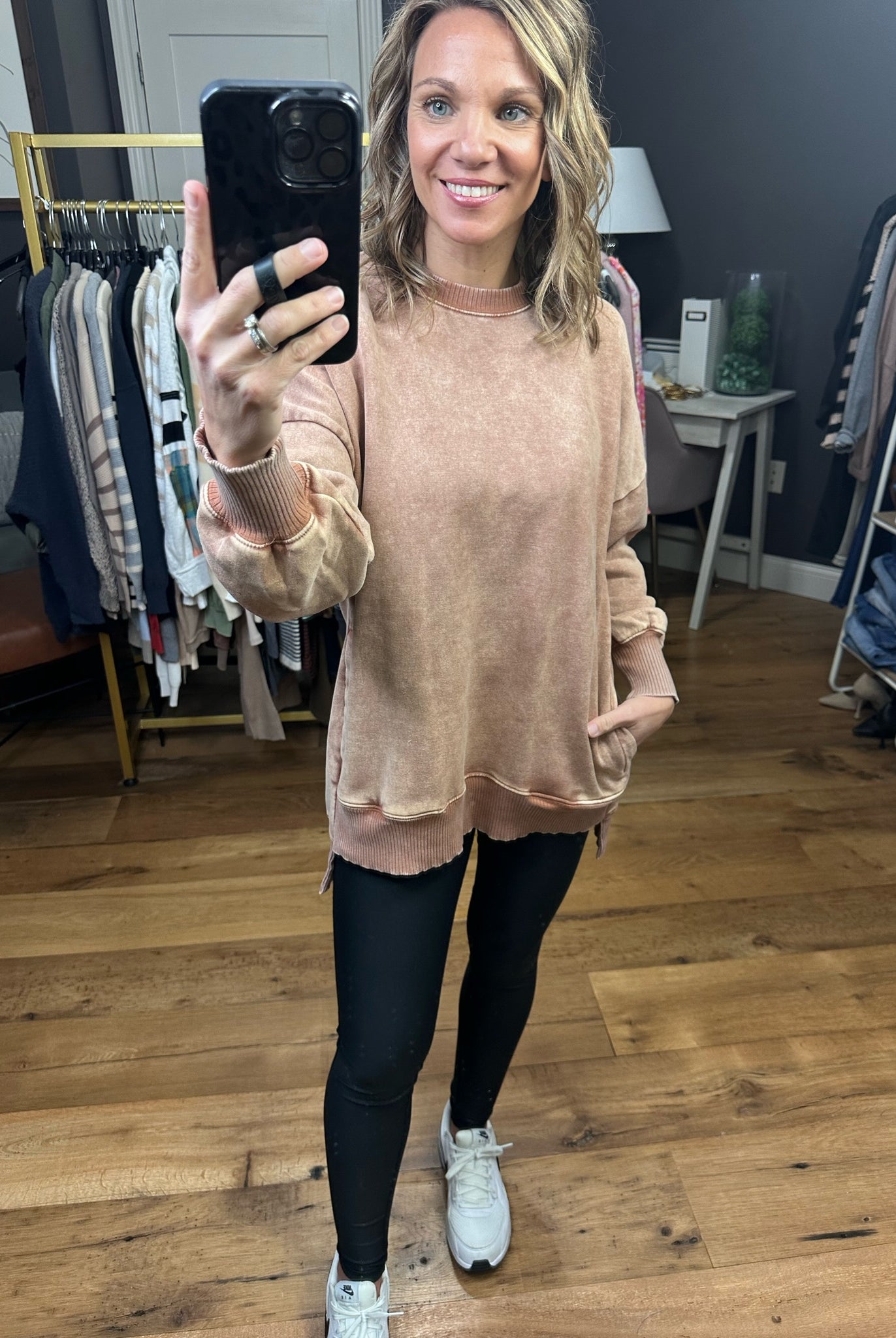 Interested To See Mineral Wash Pocket Crewneck Sweatshirt - Rust-Sweaters-Zenana OTW-4552y-Anna Kaytes Boutique, Women's Fashion Boutique in Grinnell, Iowa