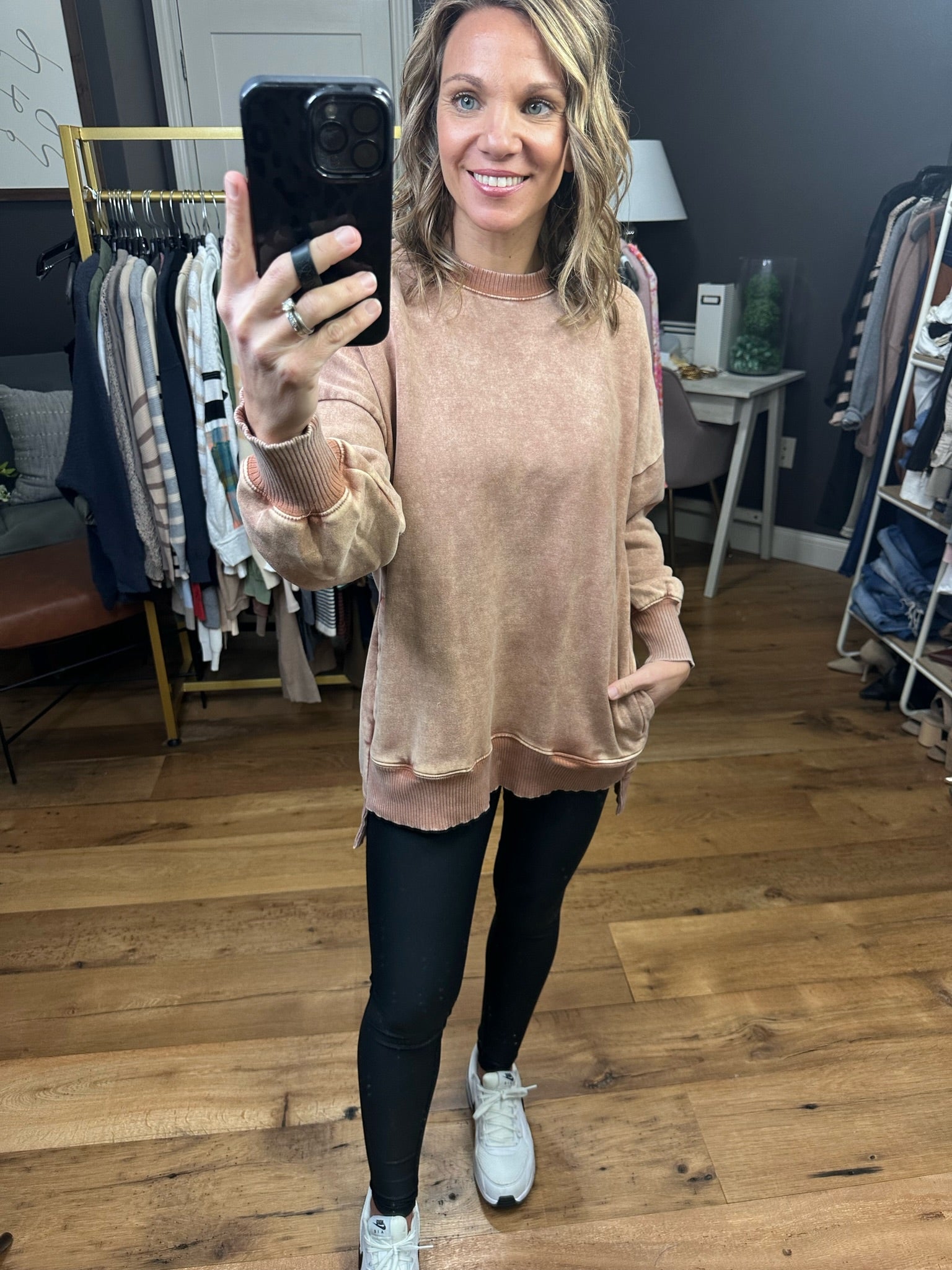 Interested To See Mineral Wash Pocket Crewneck Sweatshirt - Rust-Sweaters-Zenana OTW-4552y-Anna Kaytes Boutique, Women's Fashion Boutique in Grinnell, Iowa