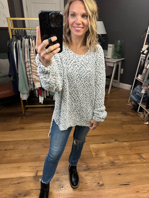 Keeping Promises Popcorn Hi-Low Sweater - White/Grey-Miracle 2020-Anna Kaytes Boutique, Women's Fashion Boutique in Grinnell, Iowa