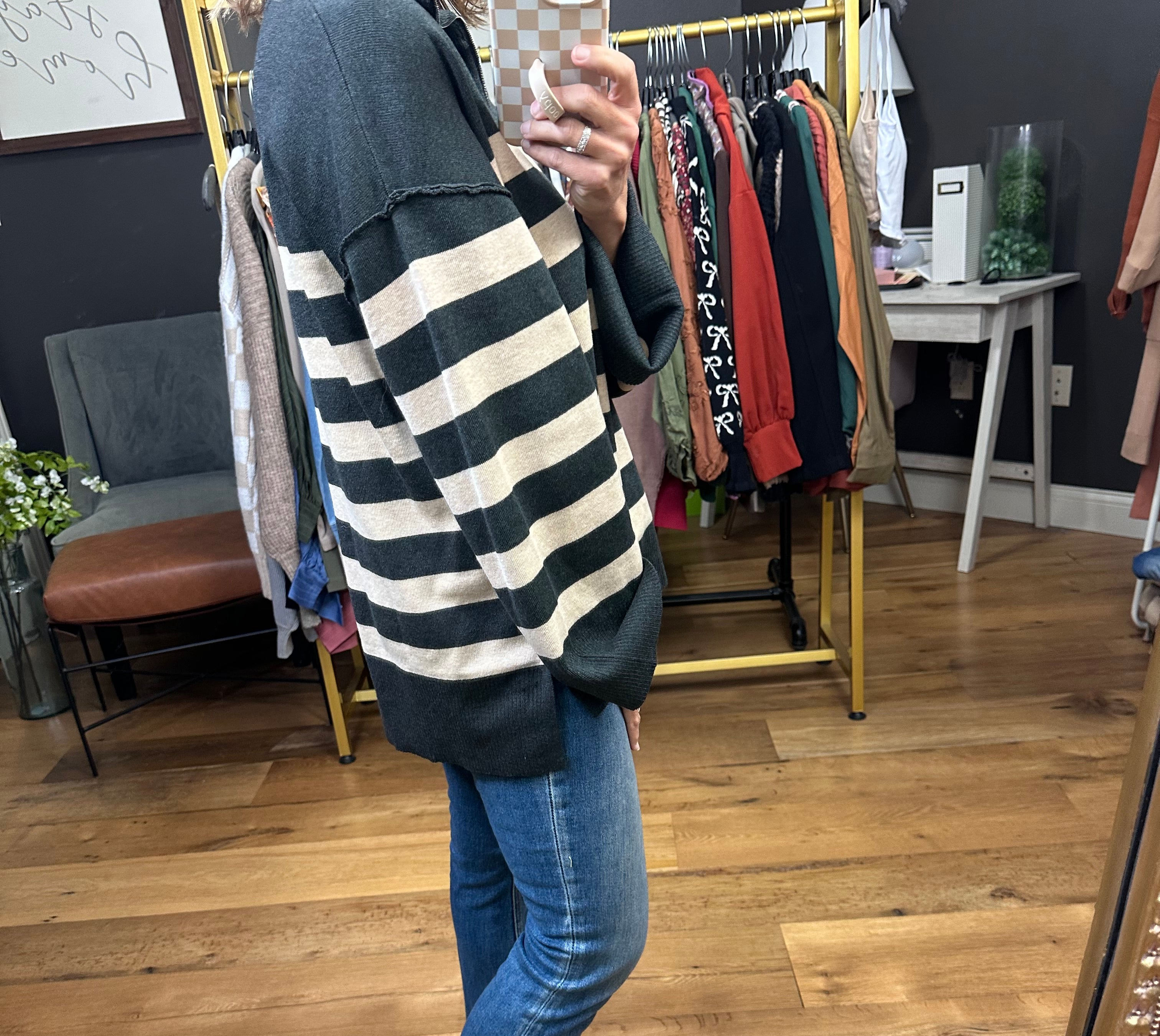 Brittany Mocha and Charcoal 1/2 Zip Striped Knit-Entro-Anna Kaytes Boutique, Women's Fashion Boutique in Grinnell, Iowa