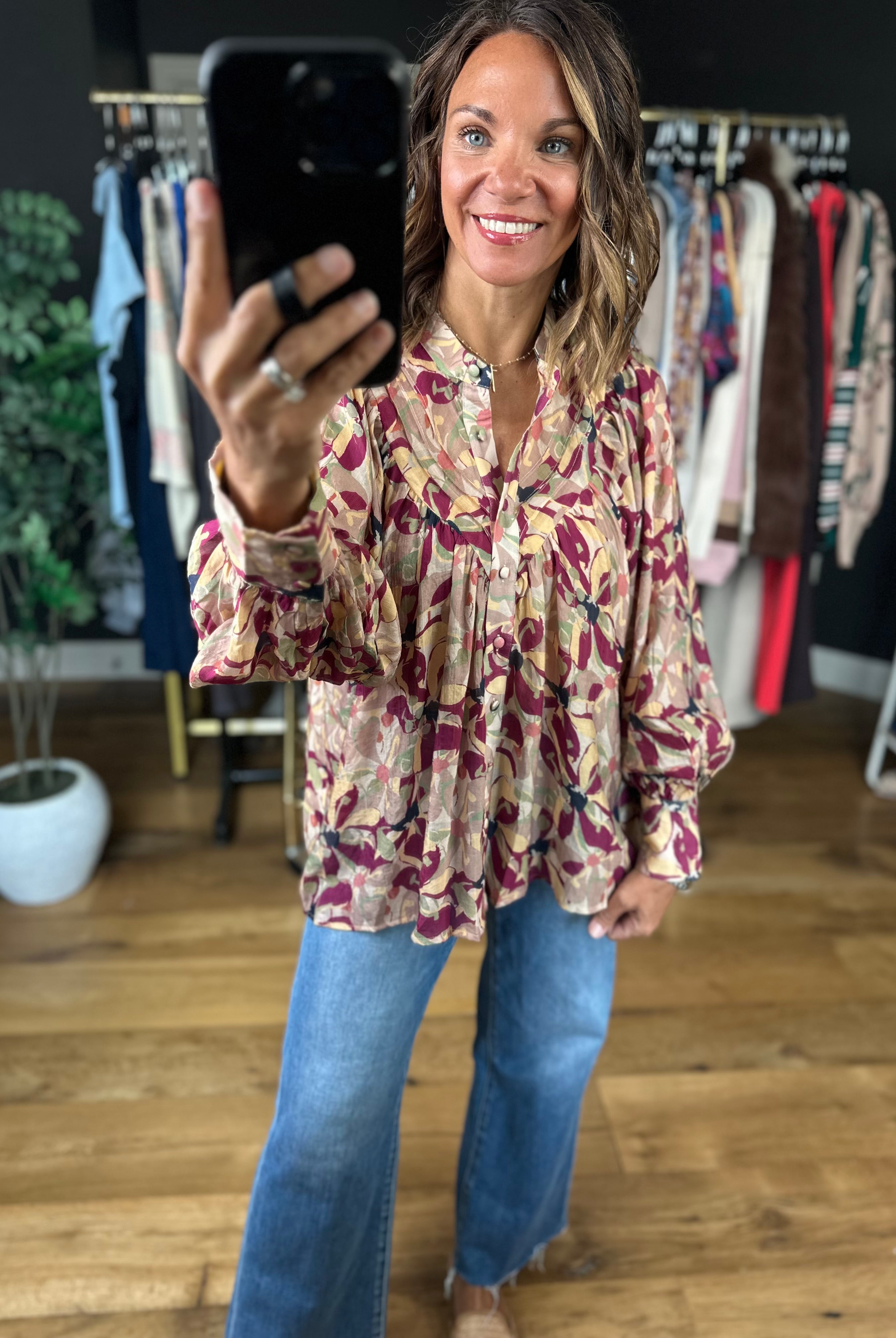 Time Goes By Patterned Top-Long Sleeves-ee:some-Anna Kaytes Boutique, Women's Fashion Boutique in Grinnell, Iowa
